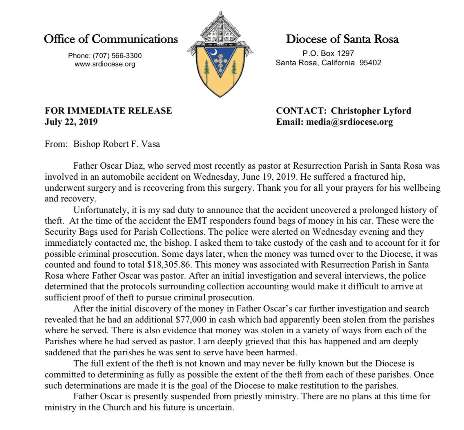 Comunicado del obispado de Santa Rosa