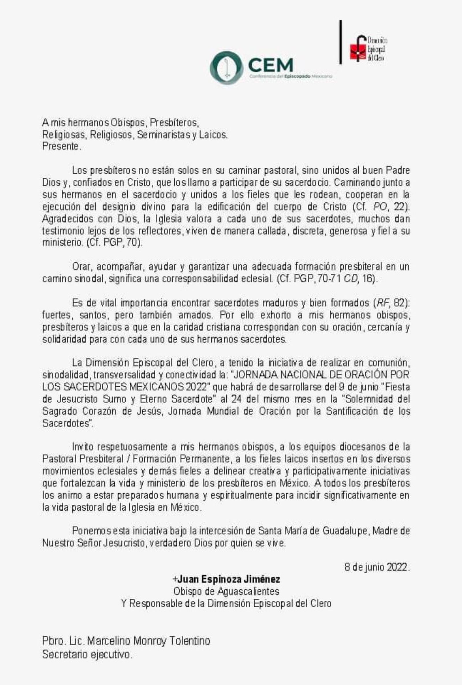 Comunicado por Mons. Juan Espinoza Jiménez
