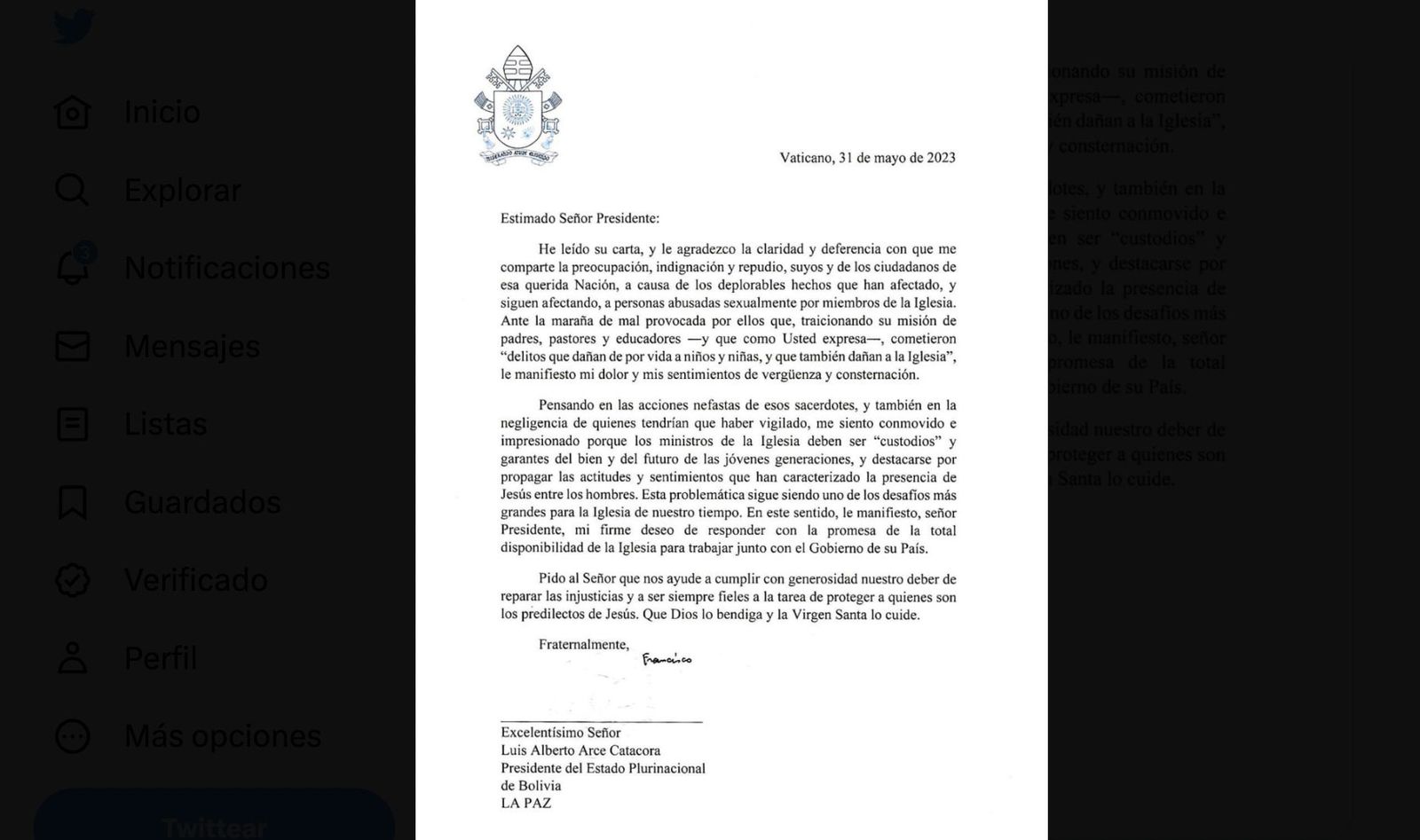Carta del Papa al presidente de Bolivia