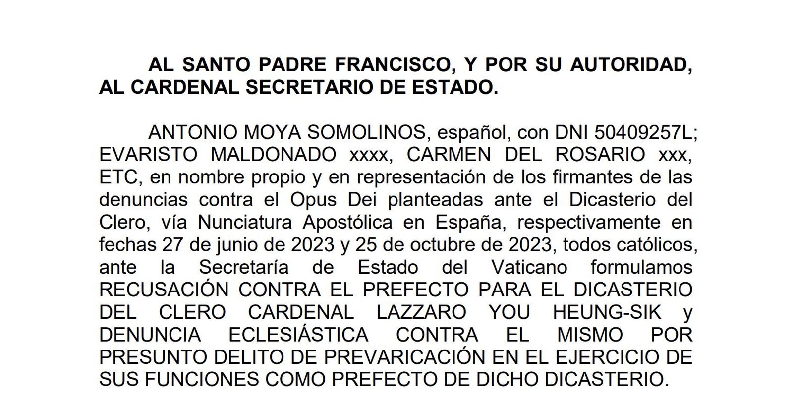 Encabezamiento de la denuncia contra el cardenal Lazzaro