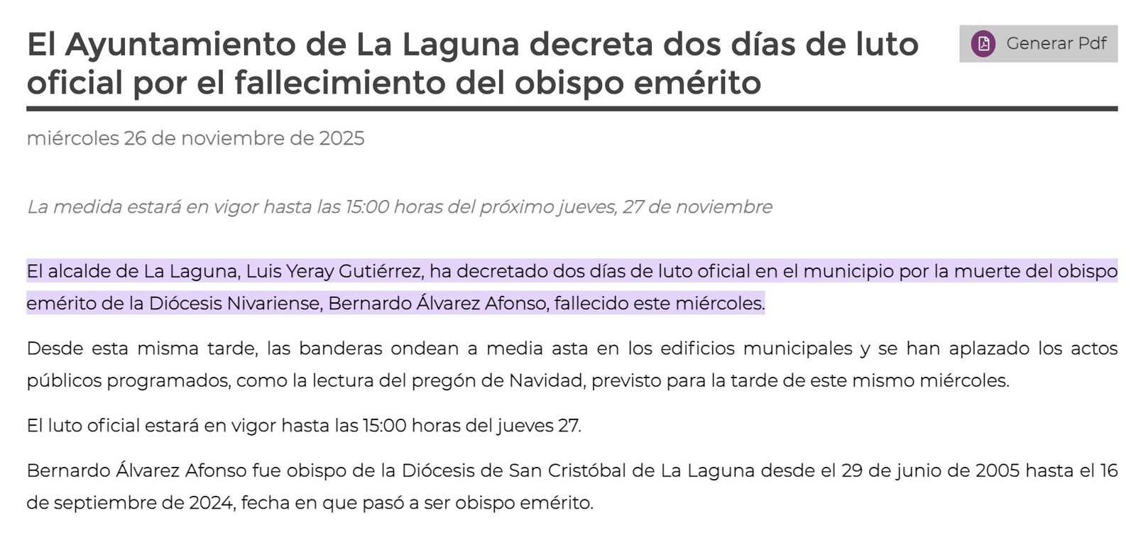 Dos días de luto oficial