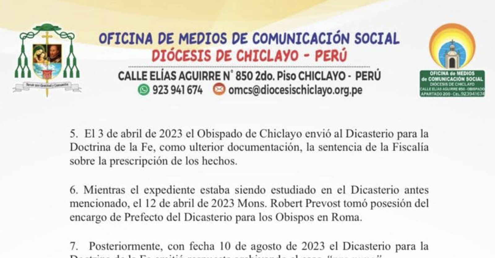 Comunicado de la diócesis de Chiclayo