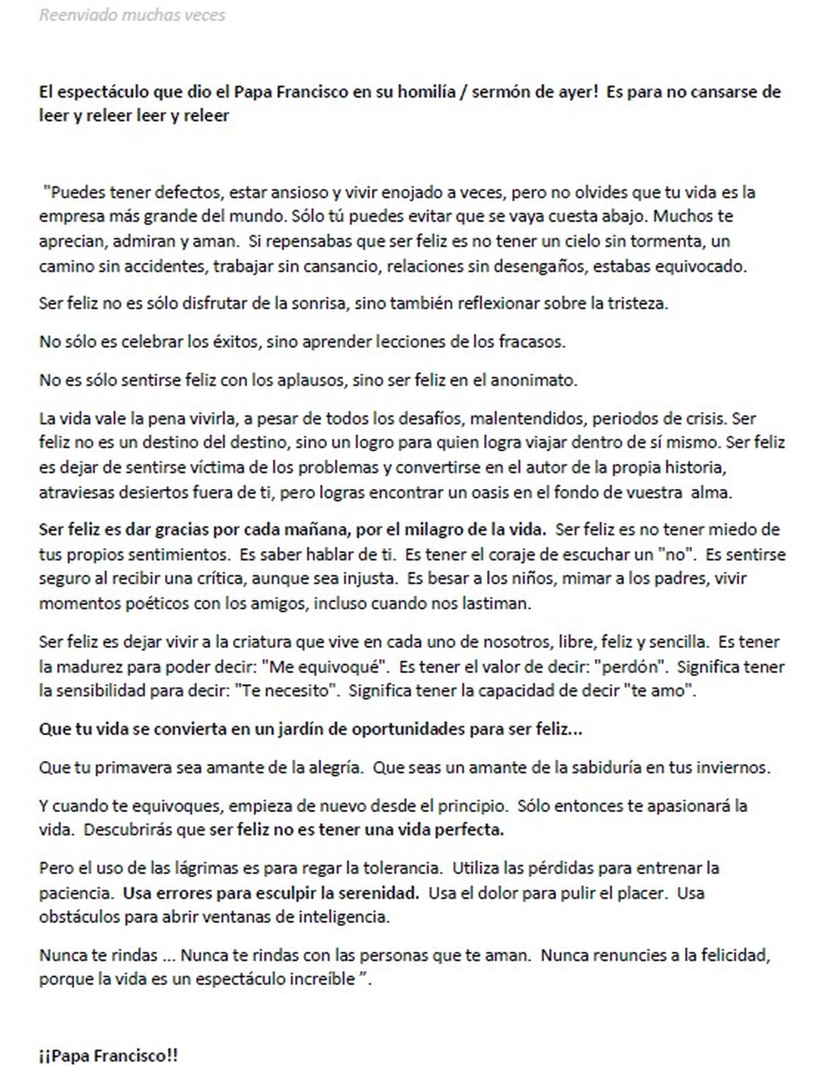 supuesto mensaje de autoayuda del papa Francisco