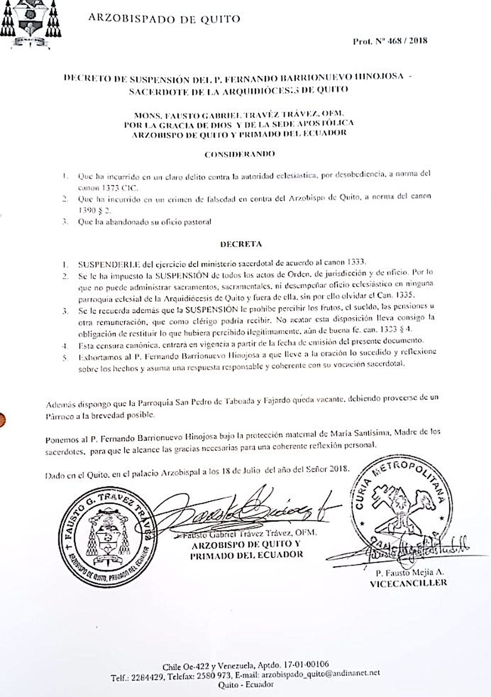 Decreto de suspensión del padre Barrionuevo