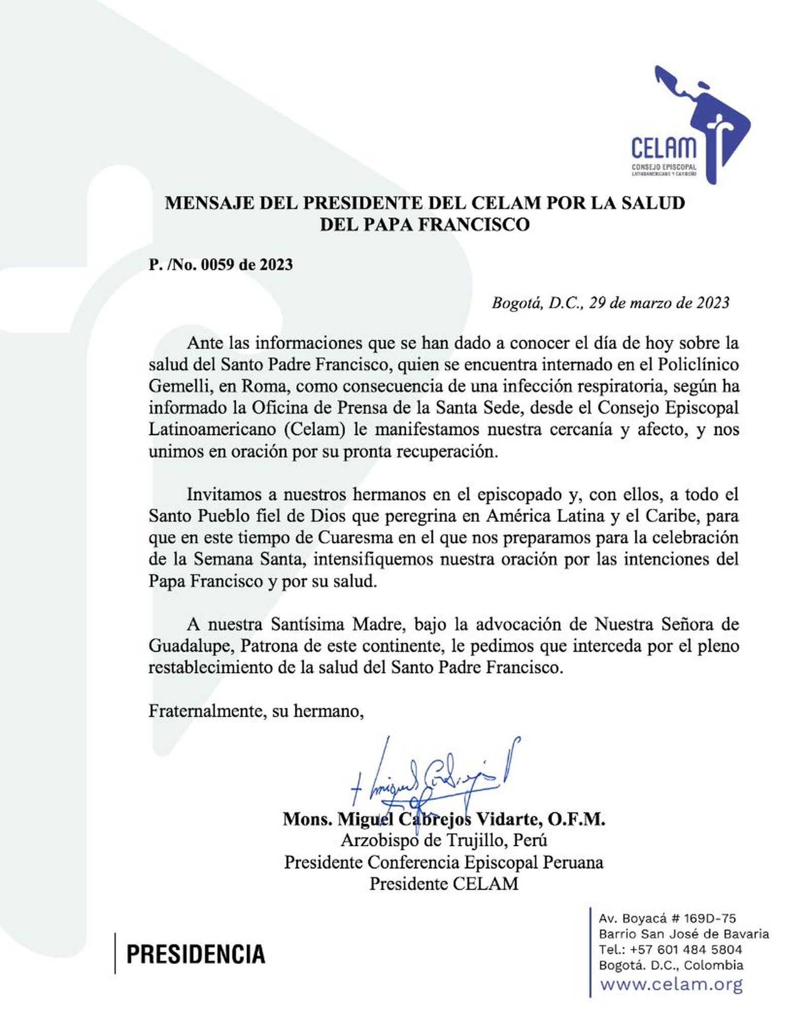 Mensaje del presidente del Celam