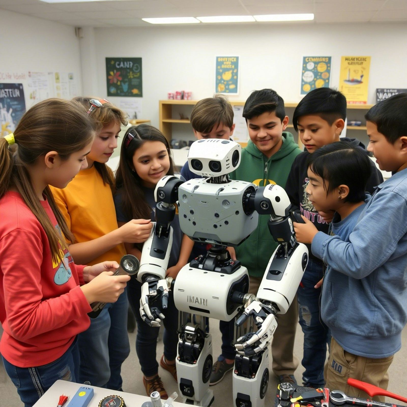 Unos niños interactúan con un robt