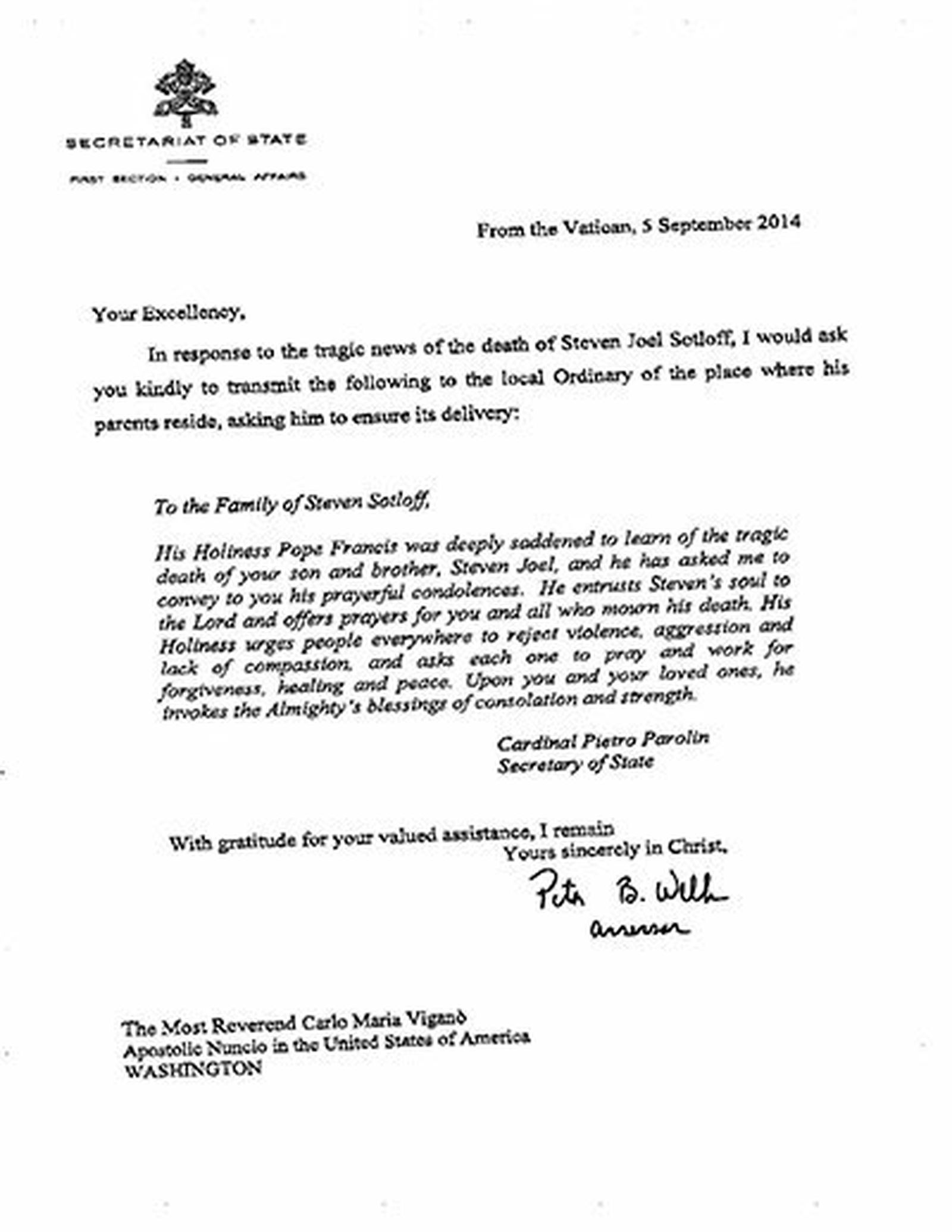 Carta del Papa a la familia de Steven Sotloff