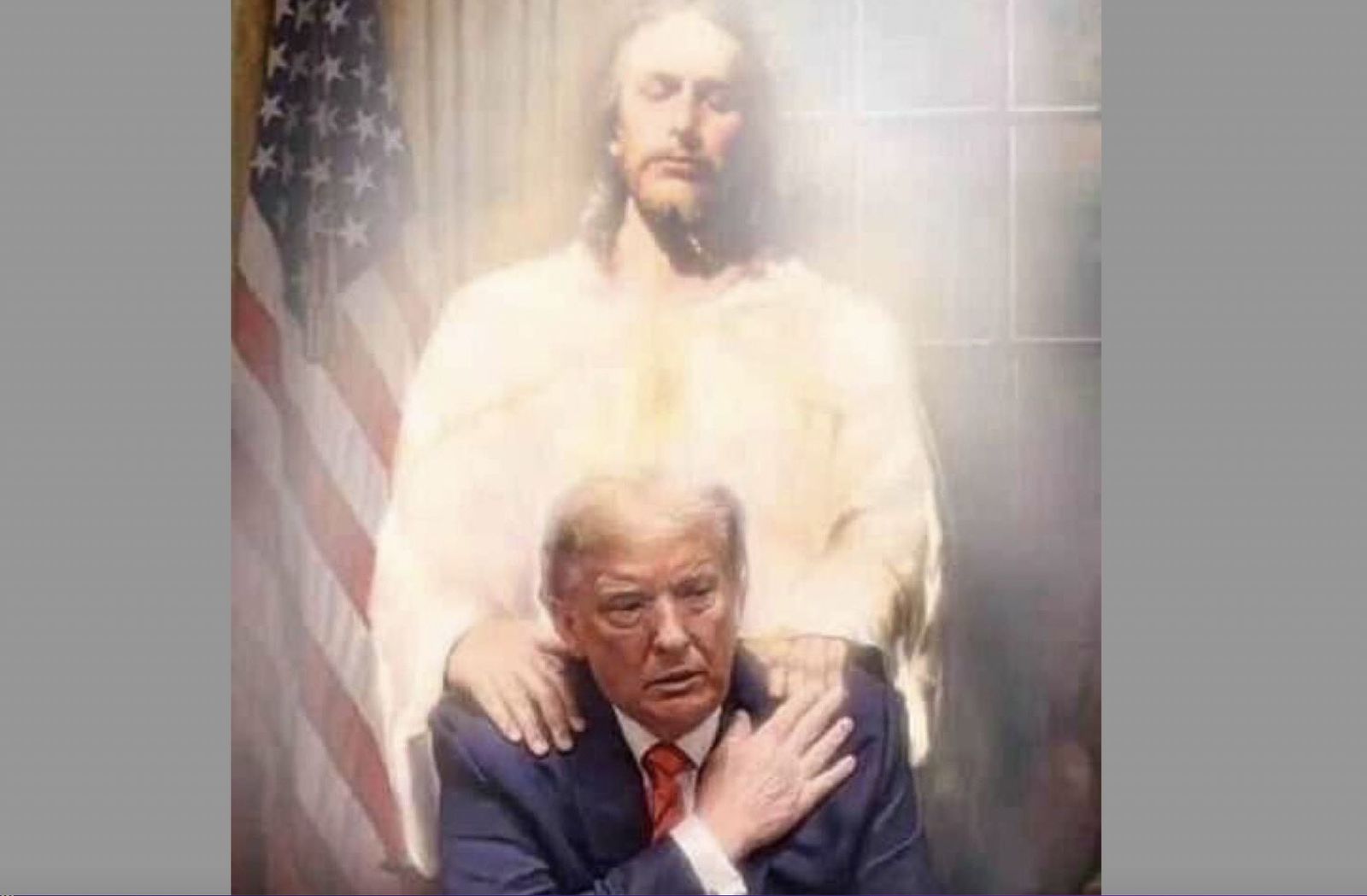 Imagen de Jesús posando sus manos sobre los hombros de Trump
