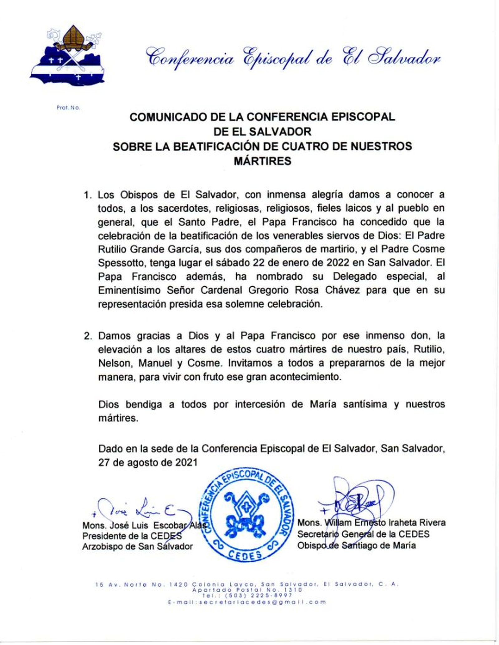 Carta de los obispo de El Salvador sobre la beatificación de Rutilio Grande
