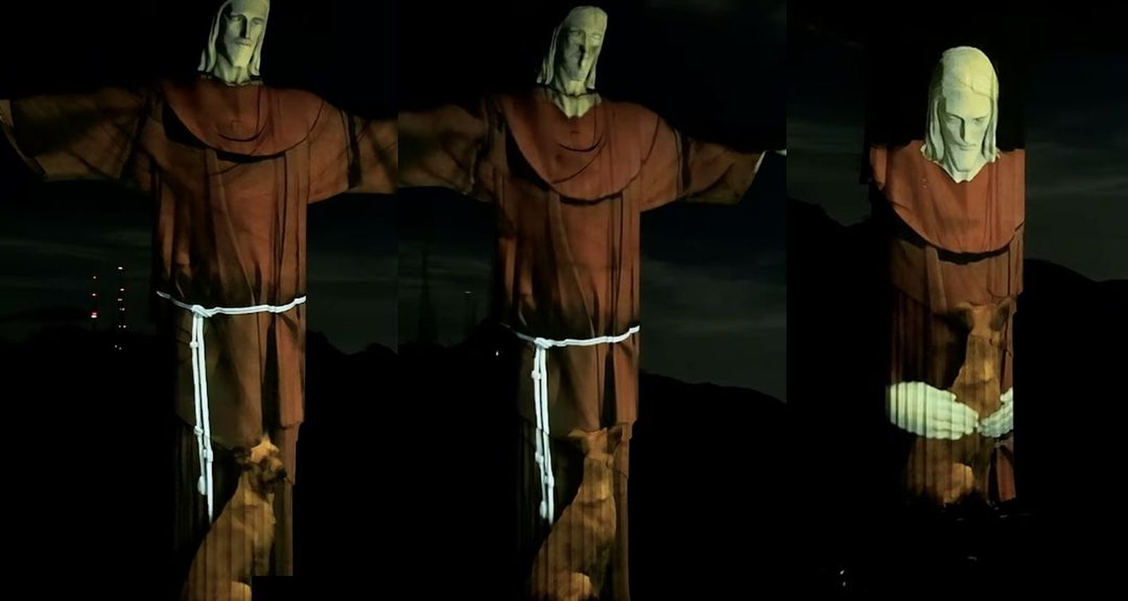 Cristo Redentor de Brasil abrazando a un  perro callejero