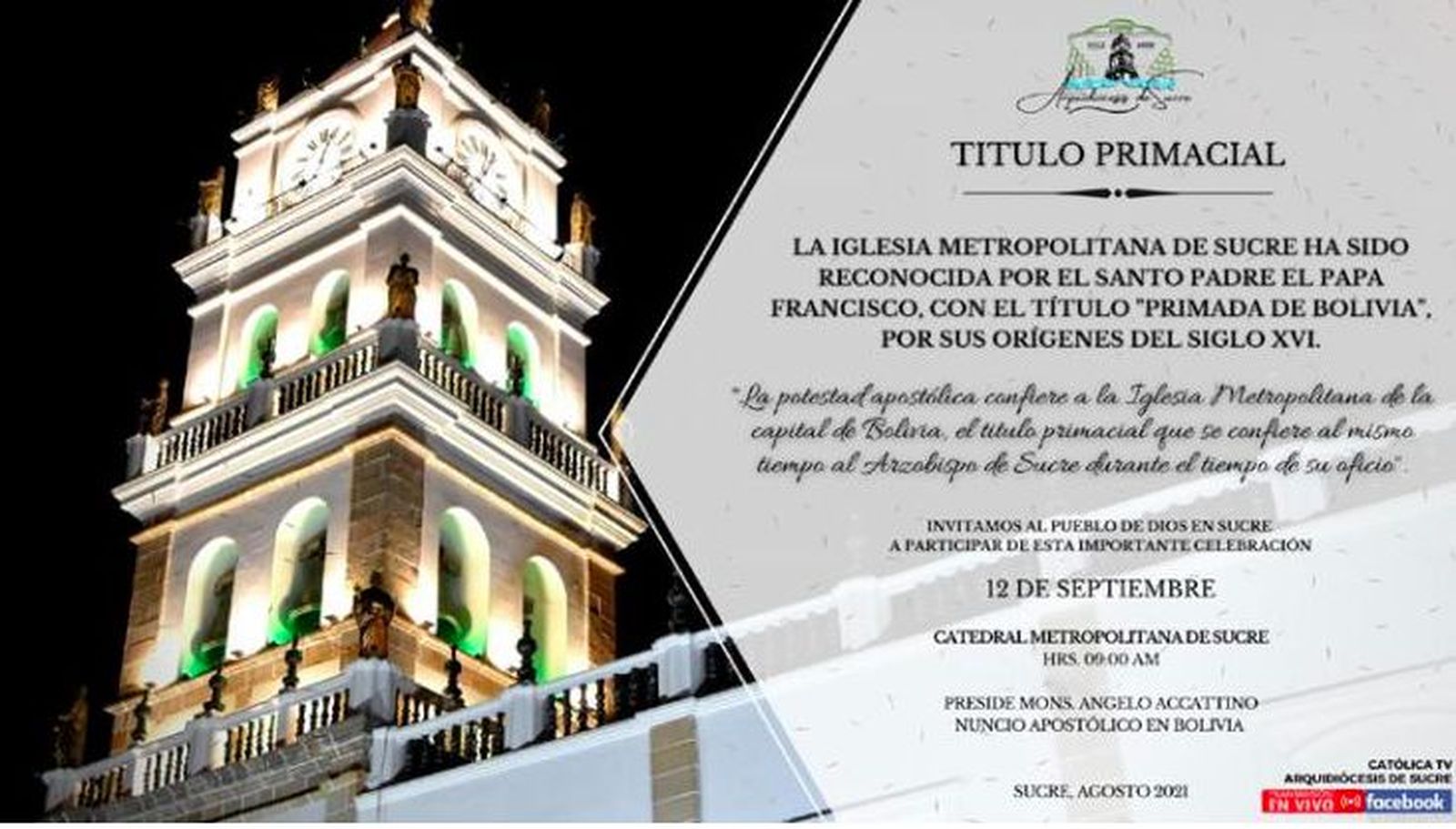 Sucre, reconocida como "Primada de Bolivia" por el papa Francisco