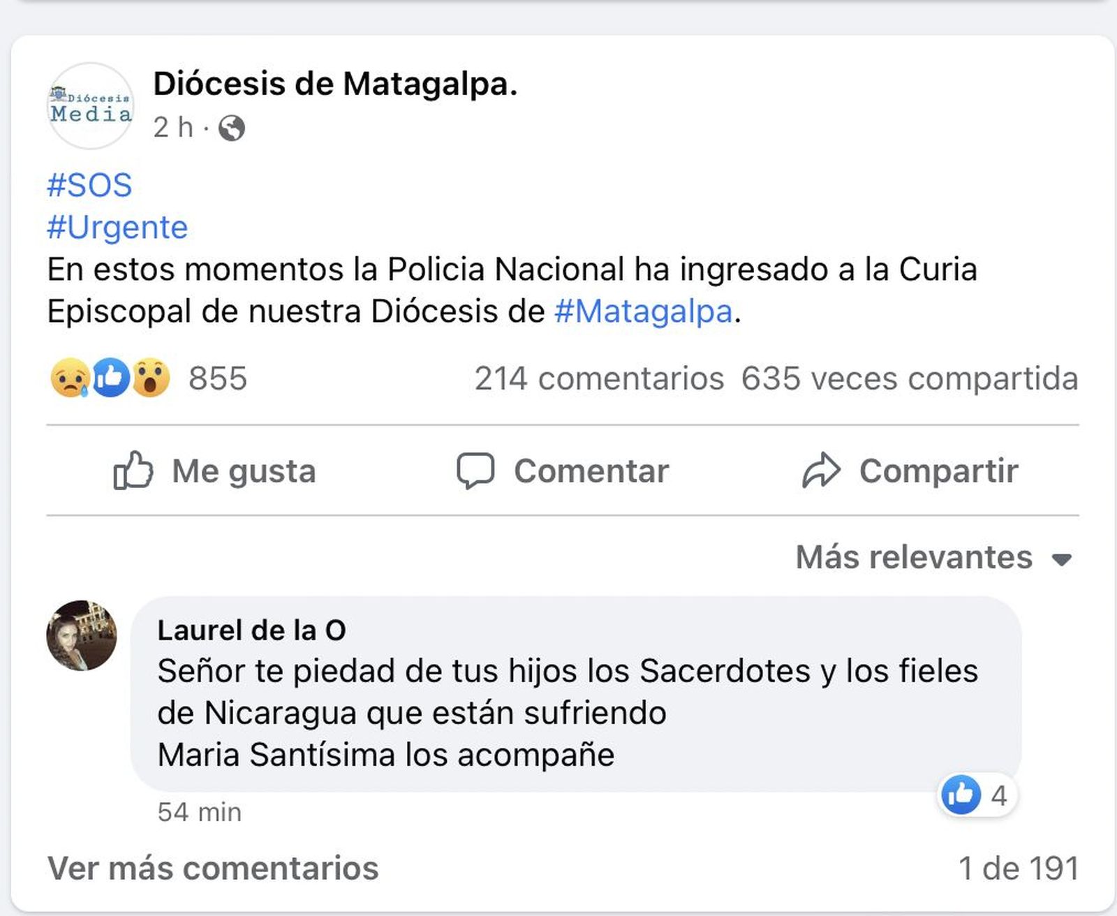 Aviso urgente de la diócesis a través de Facebook