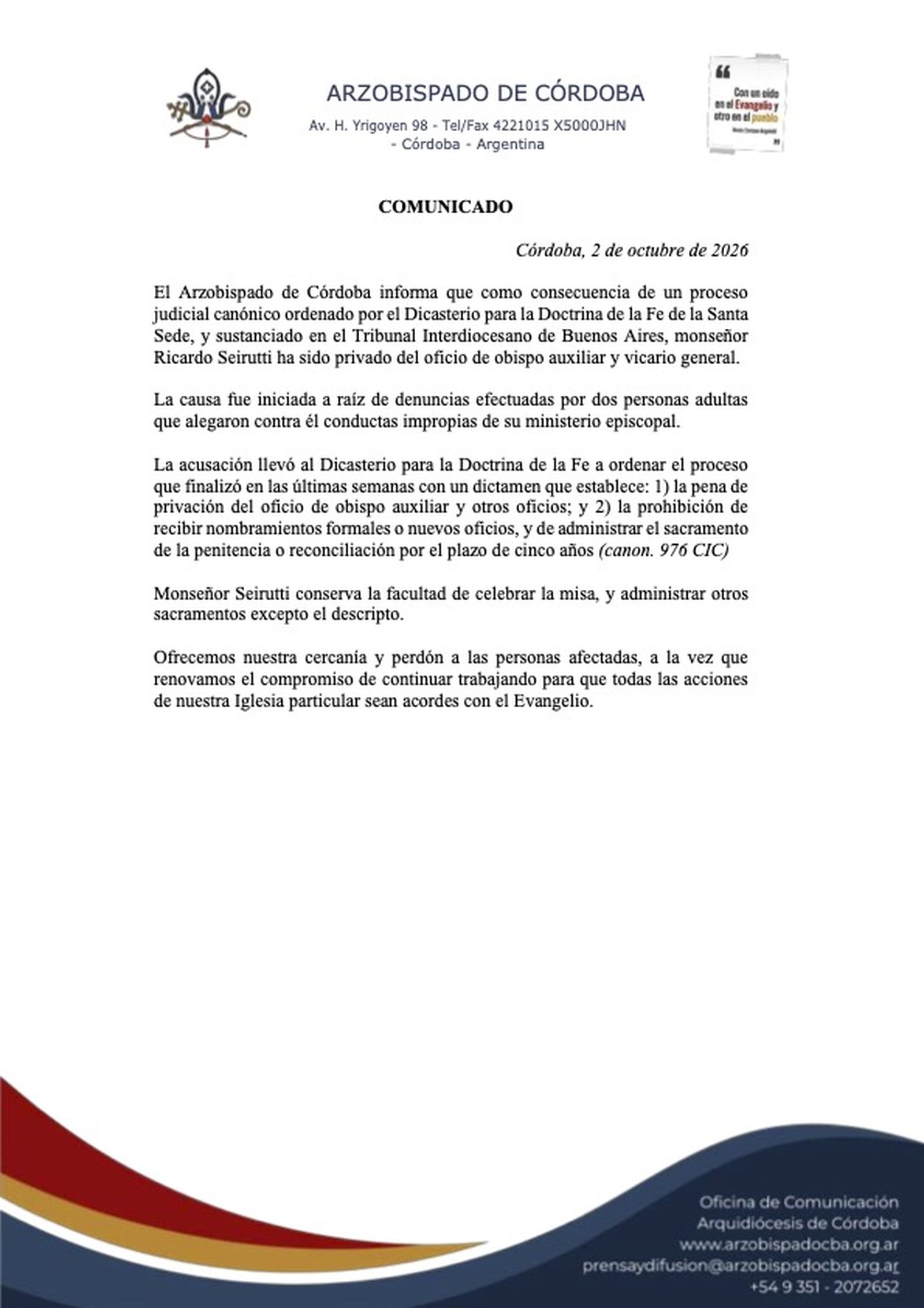 Comunicado del Arzobispado de Córdoba