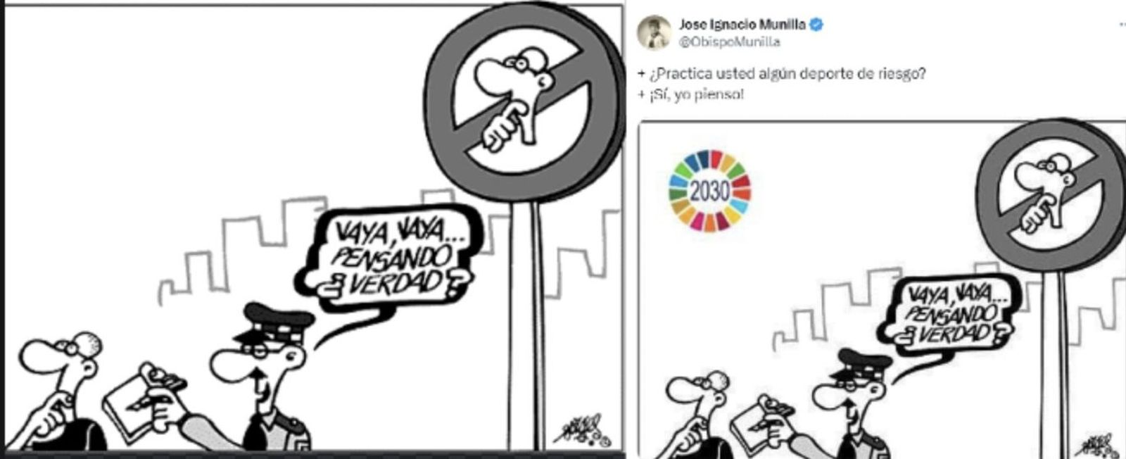 A la izquierda, viñeta original de Forges. A la derecha, la manipulación de Munilla