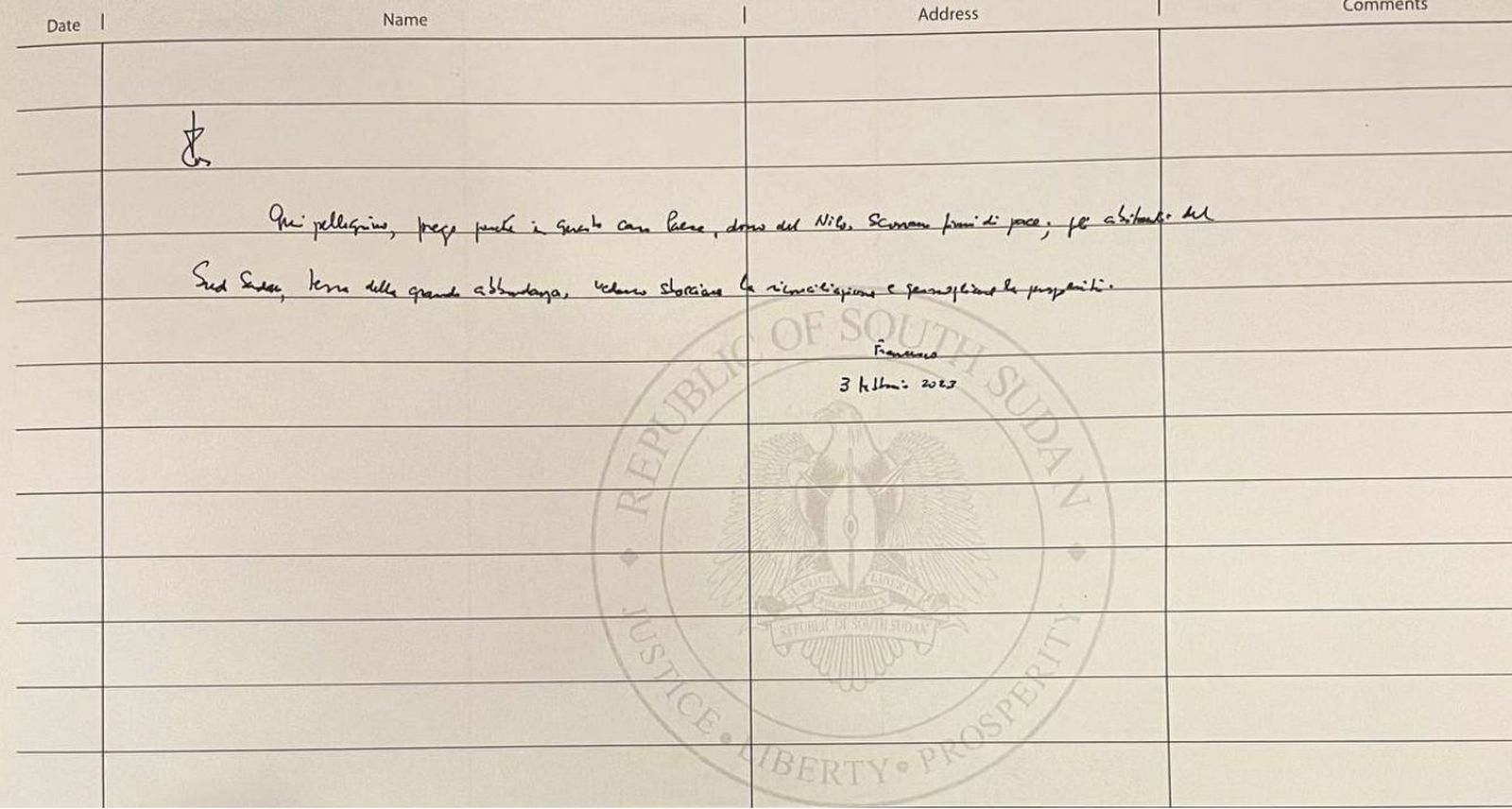 Firma del Papa en el libro de honor