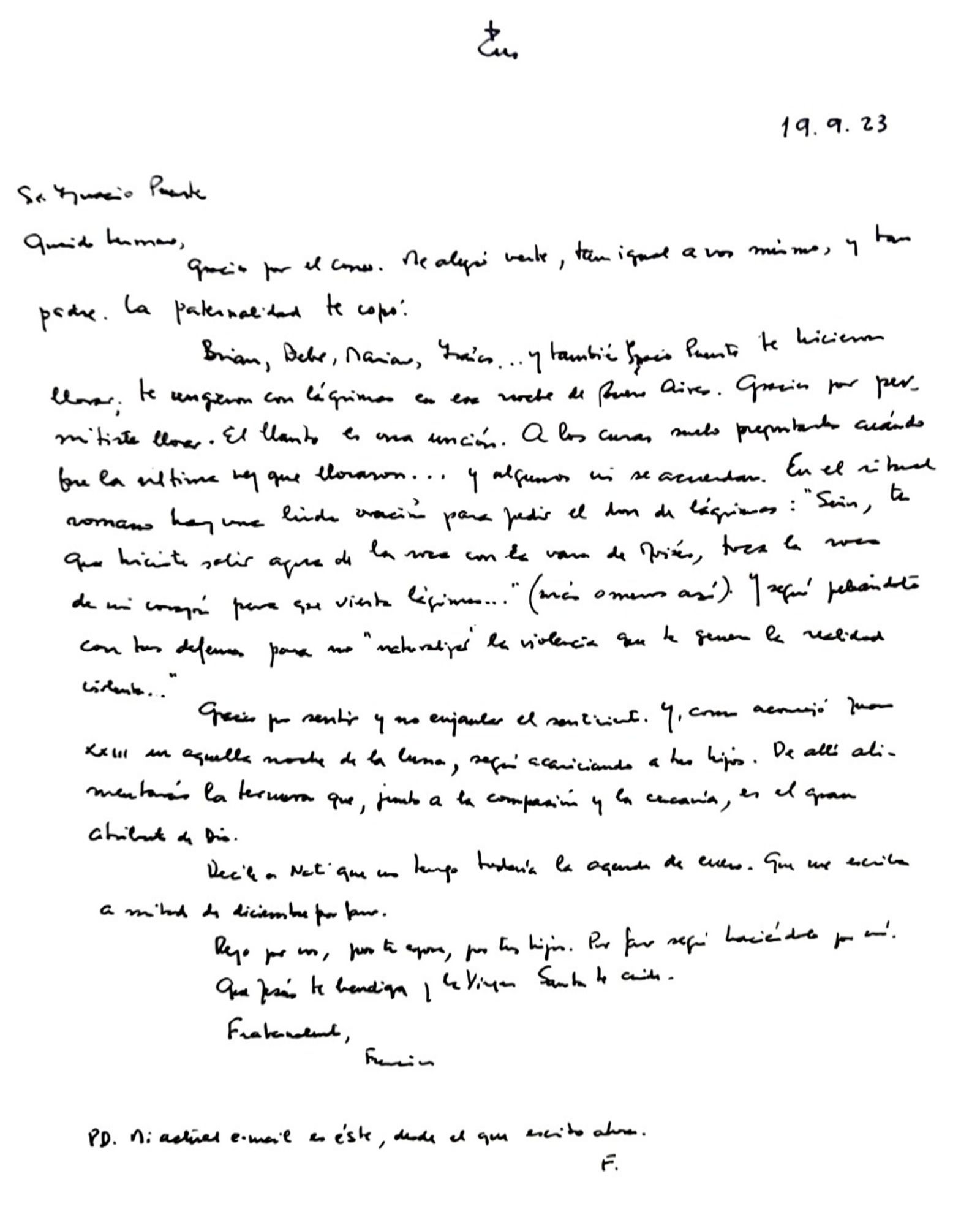 carta manuscrita de Francisco a Nacho Puente del 19 sept 2023