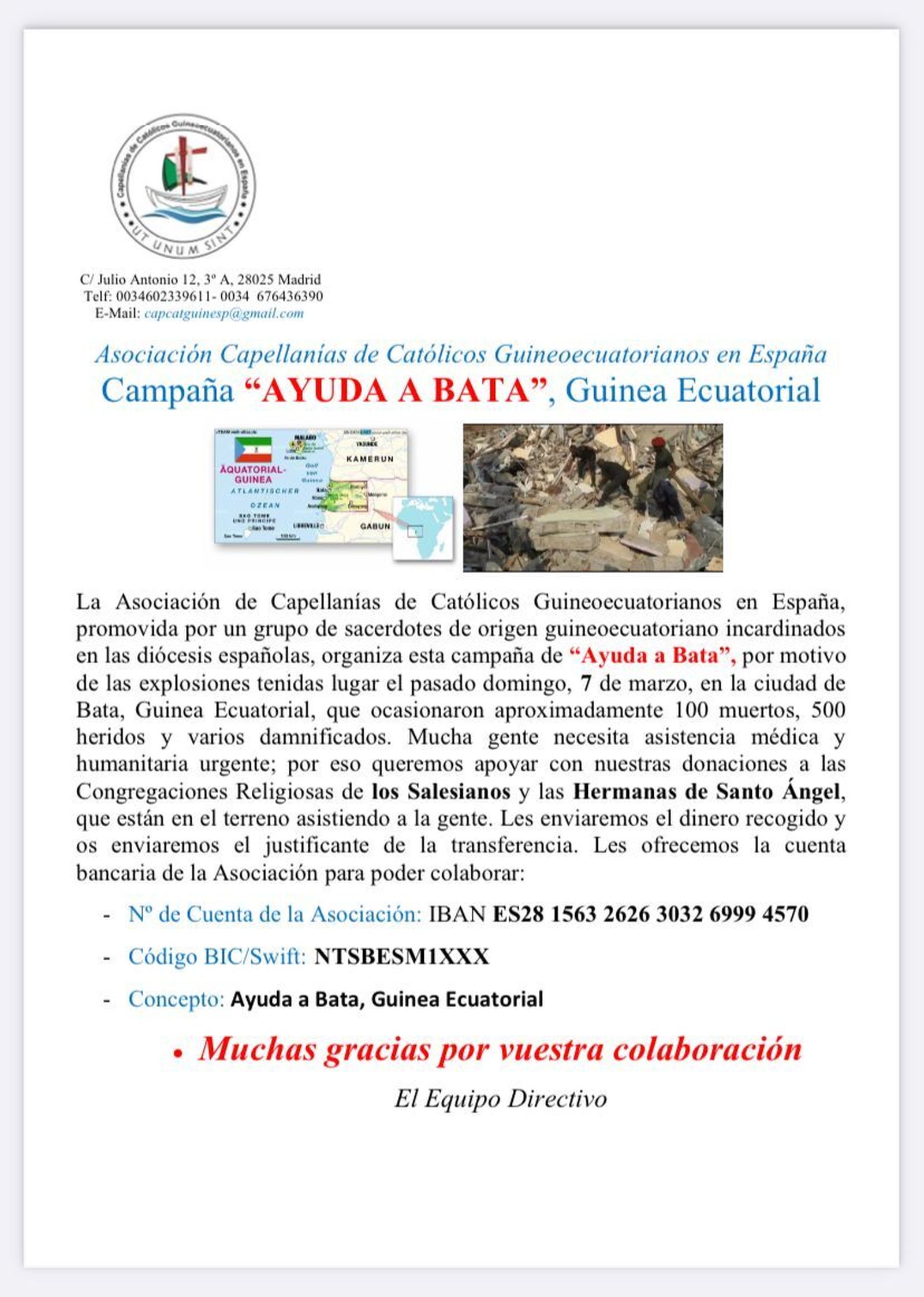 La Asociación Capellanías de Católicos Guineanoecuatorianos en España abre una campaña de Ayuda a Bata