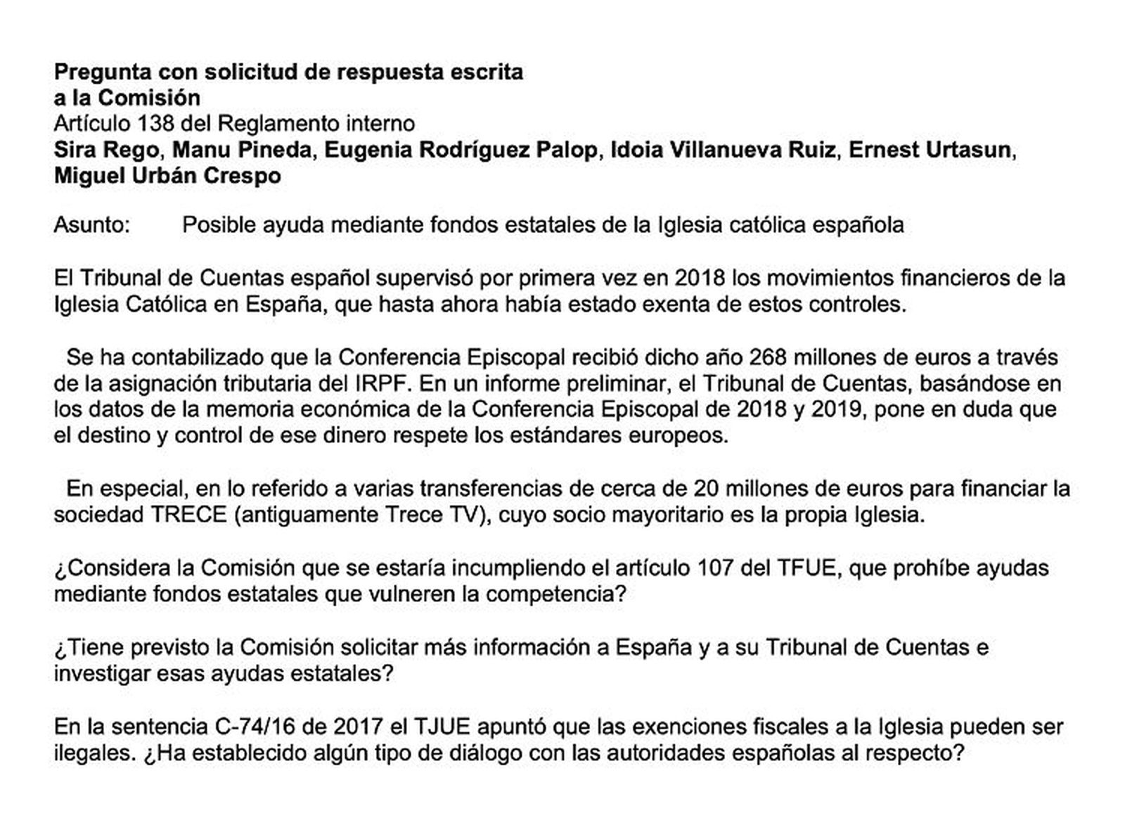 Petición de los eurodiputados de Podemos a la Comisión Europea