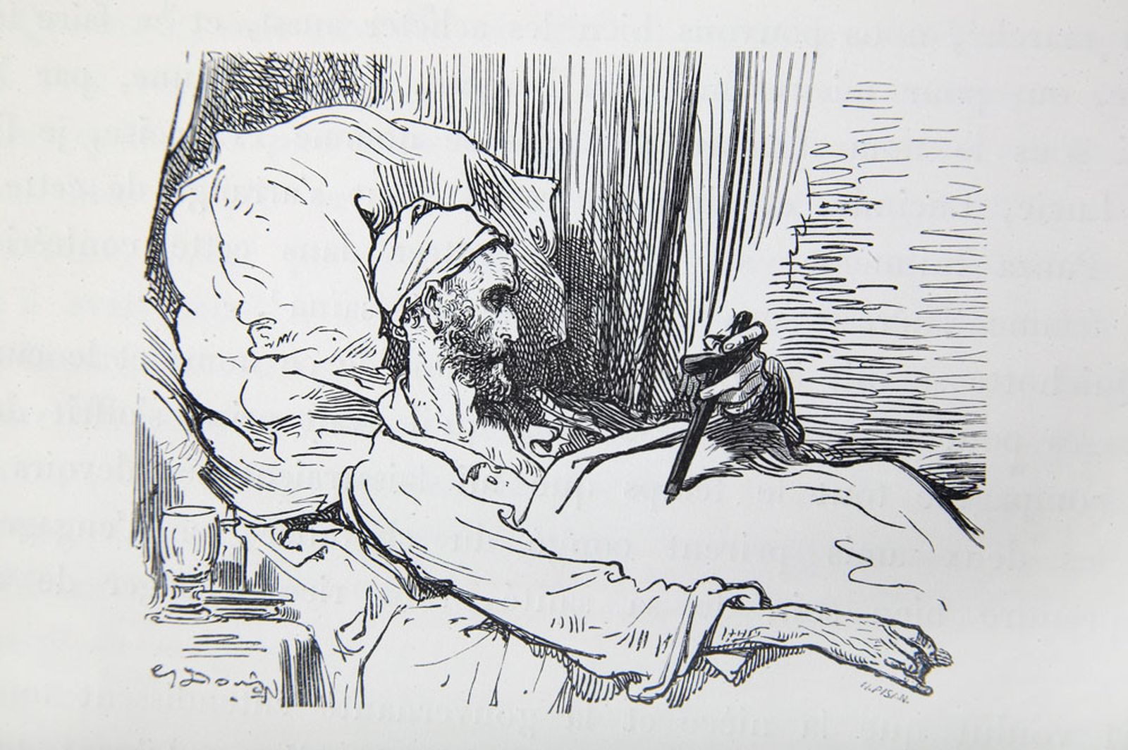 Don Quijote en el lecho con un crucifijo en la mano. Gustave Doré.