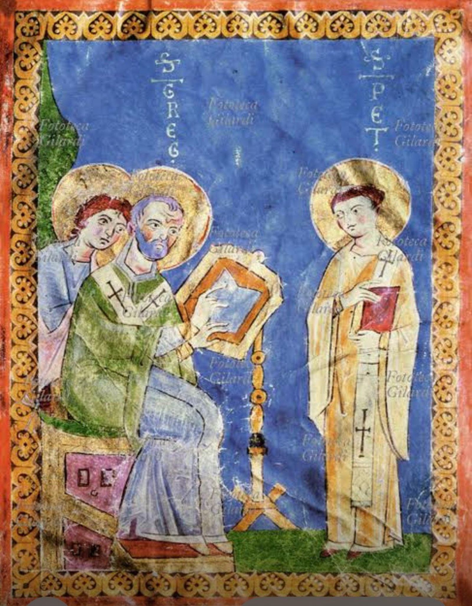 San Gregorio Magno (540-604) junto al diácono Pedro. Miniatura carolingia del Moralia in Job, Italia, siglos VII-X.