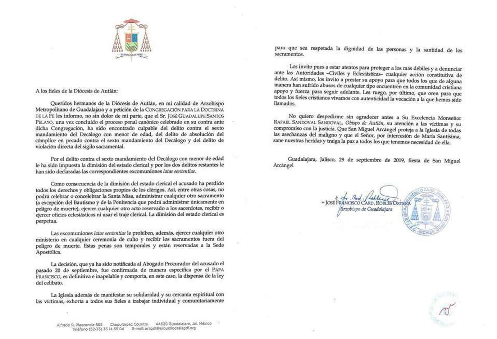 Comunicado del arzobispado de Guadalajara