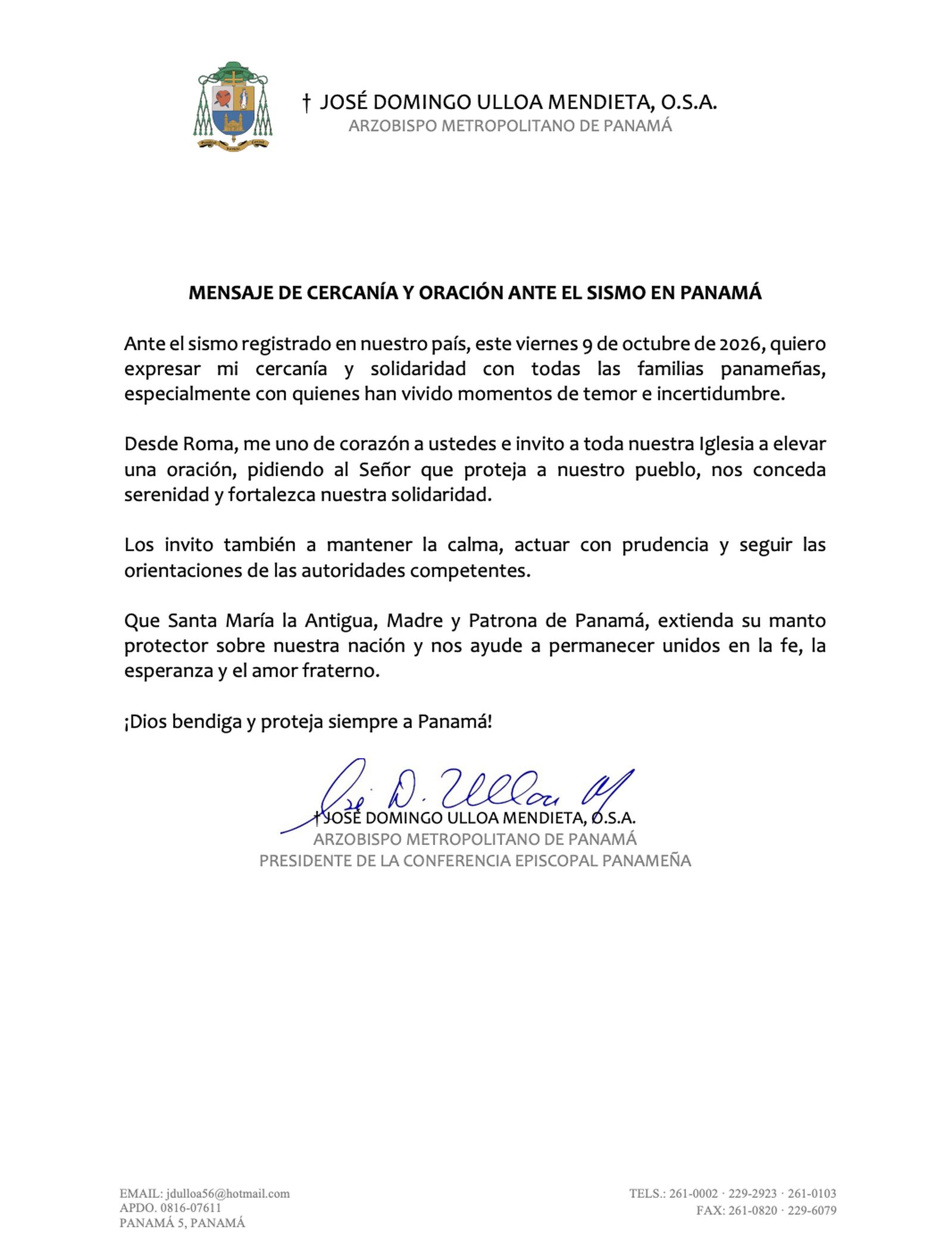 Mensaje del arzobispo de Panamá