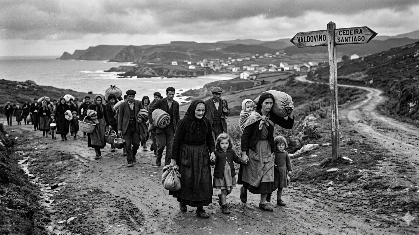 Escapando de la Guerra desde Valdoviño. Imagen creada con IA