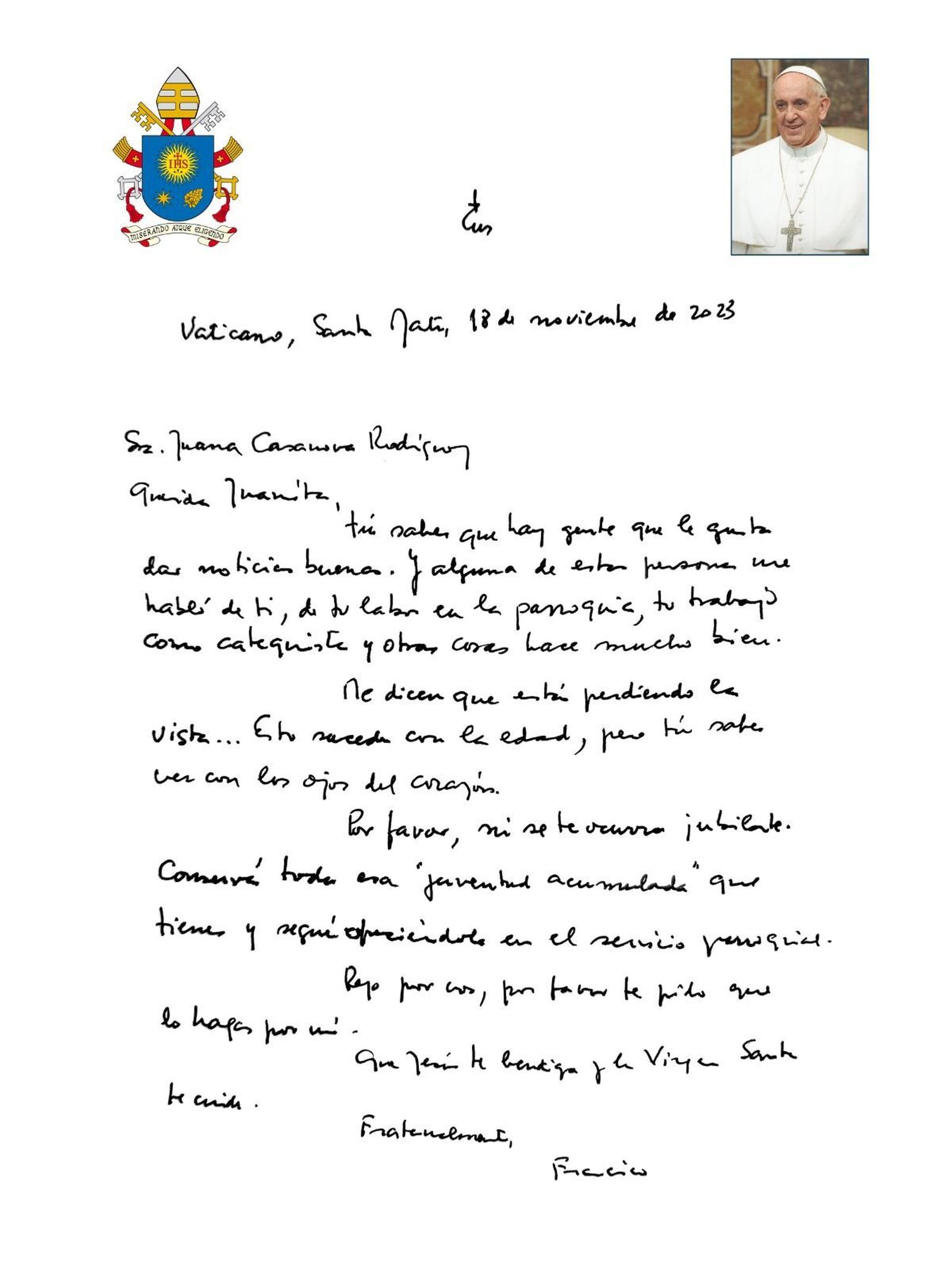 La carta de Francisco a la catequista de Lanzarote