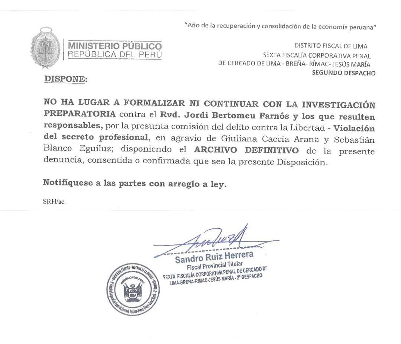 Archivo de la demanda contra Jordi Bertomeu