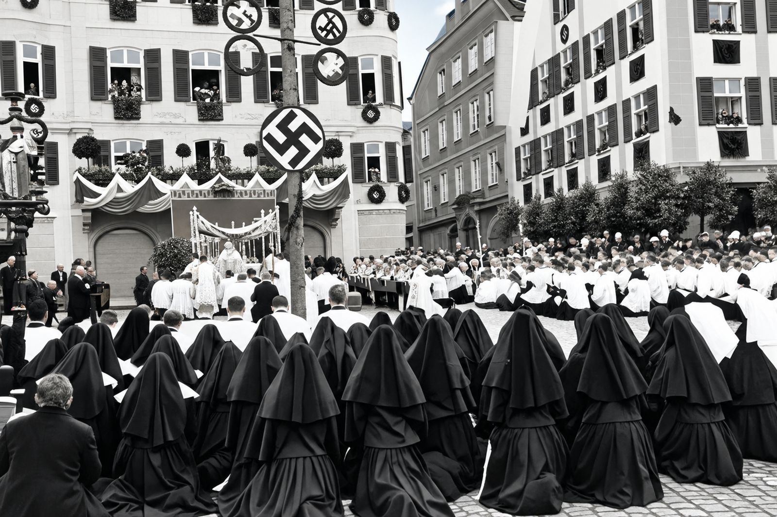 Monjas y clérigos celebran la fiesta del Corpus Christi en Eichstätt el 5 de junio de 1933. Sobre ellos se alza la esvástica.