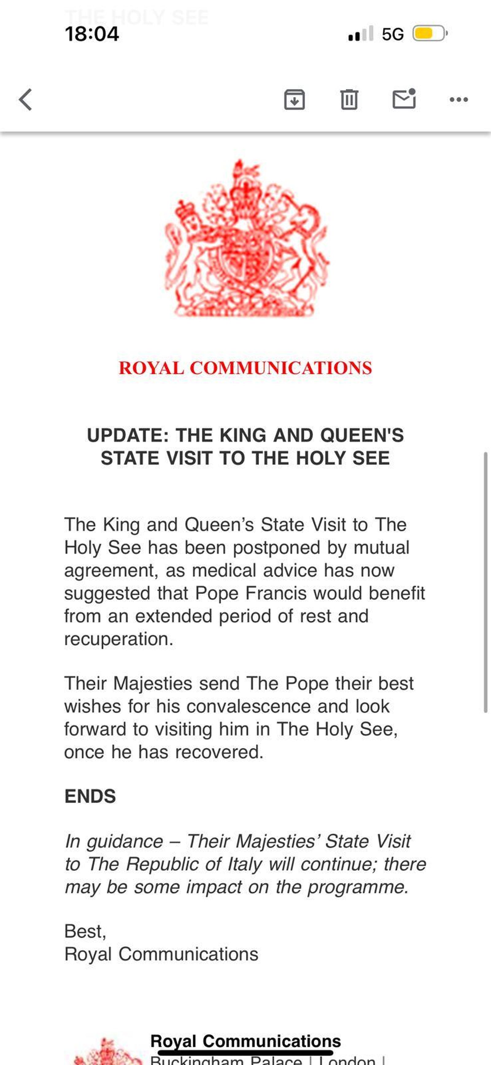 Comunicado de la Casa Real Británica