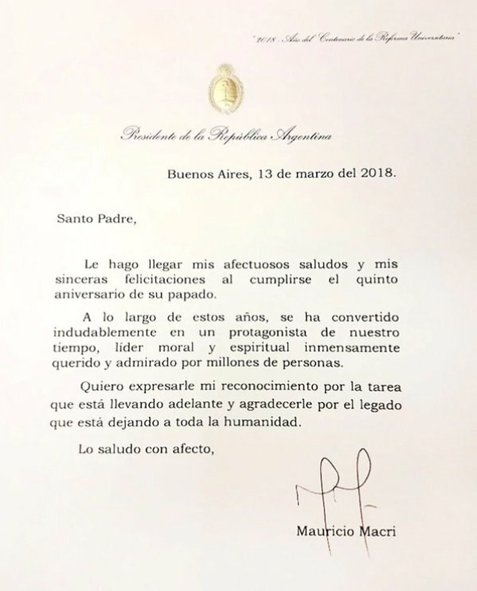 Carta de Macri al Papa