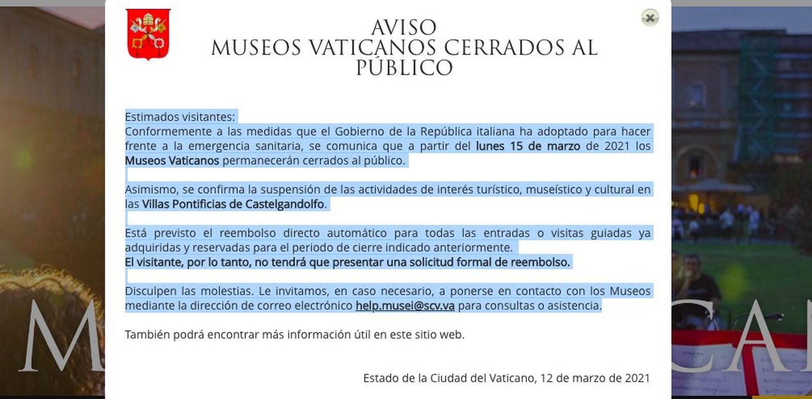 Los Museos Vaticanos anuncian su cierre desde este lunes