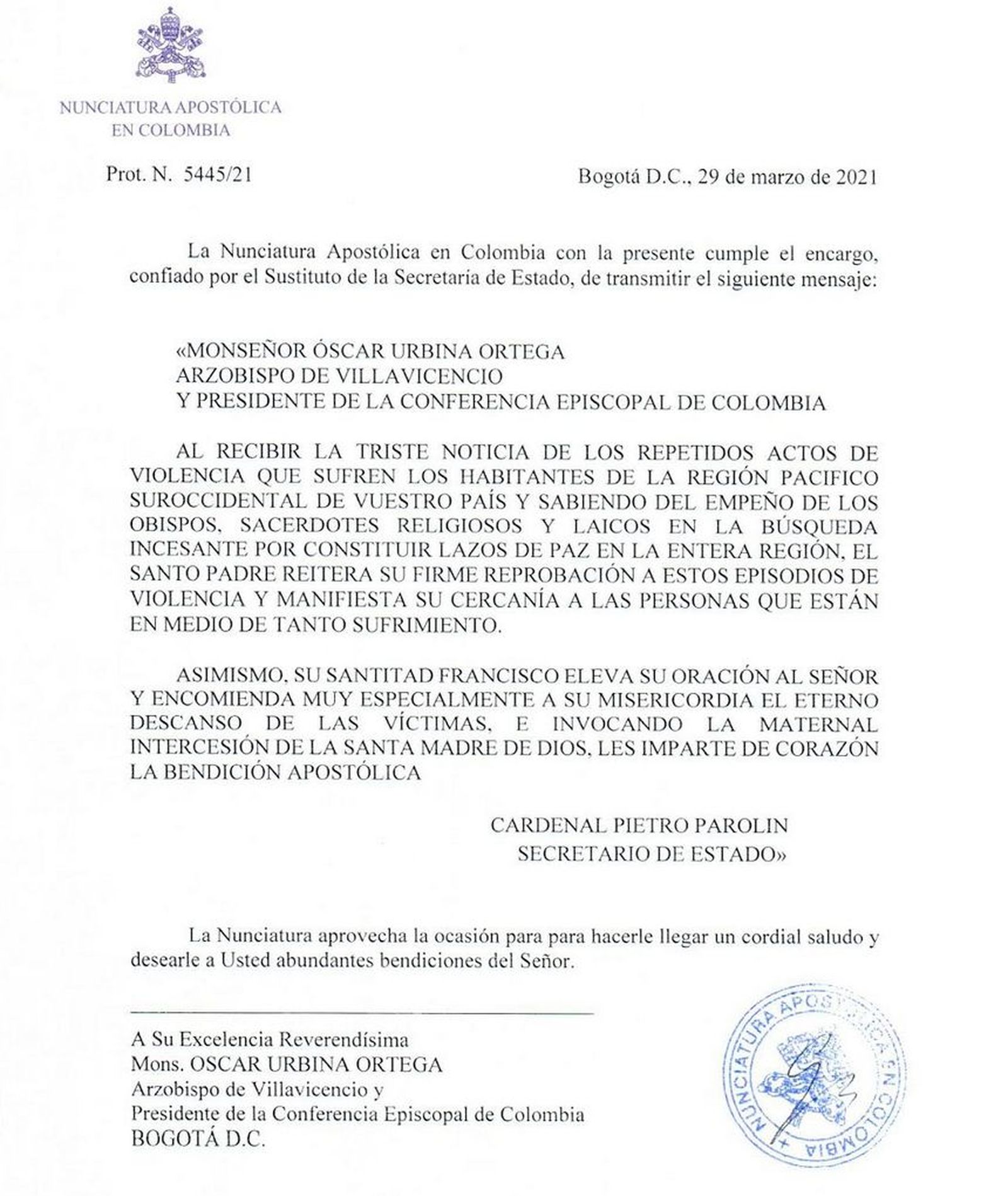 Mensaje del Papa a Colombia