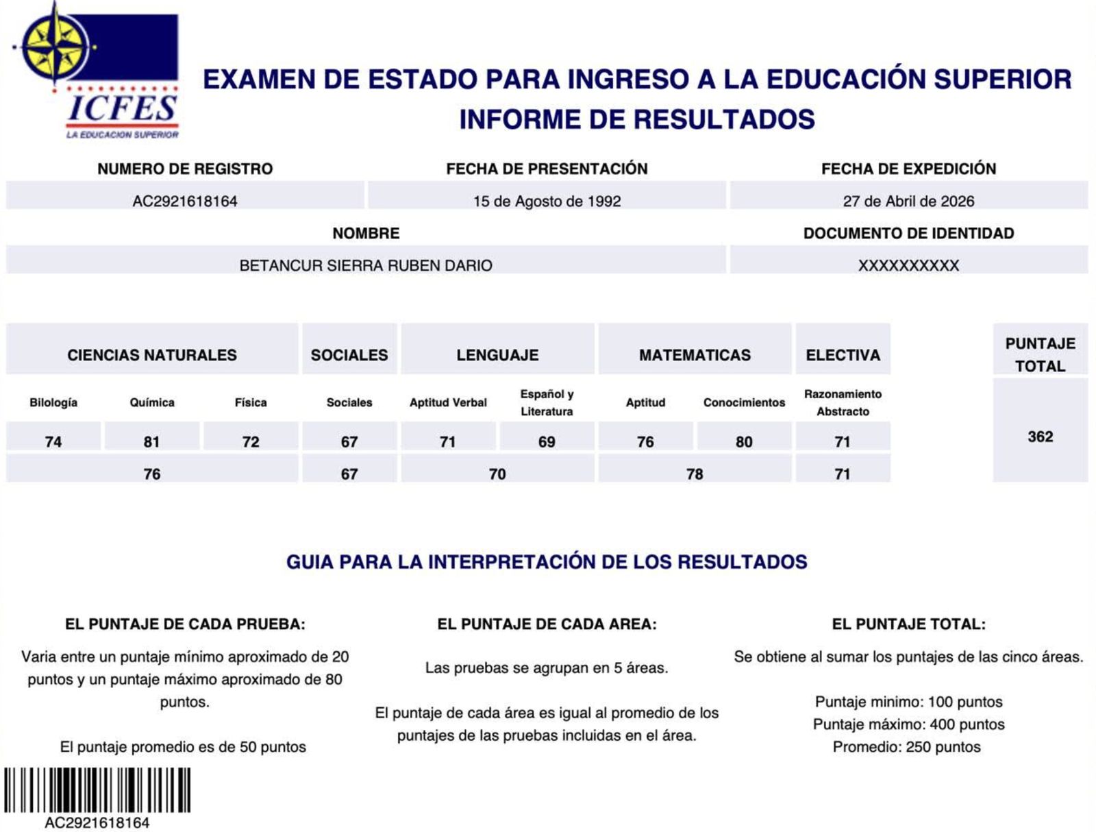 Resultado examen Icfes Colombia que muestra aptitud académica y capacidad matemática