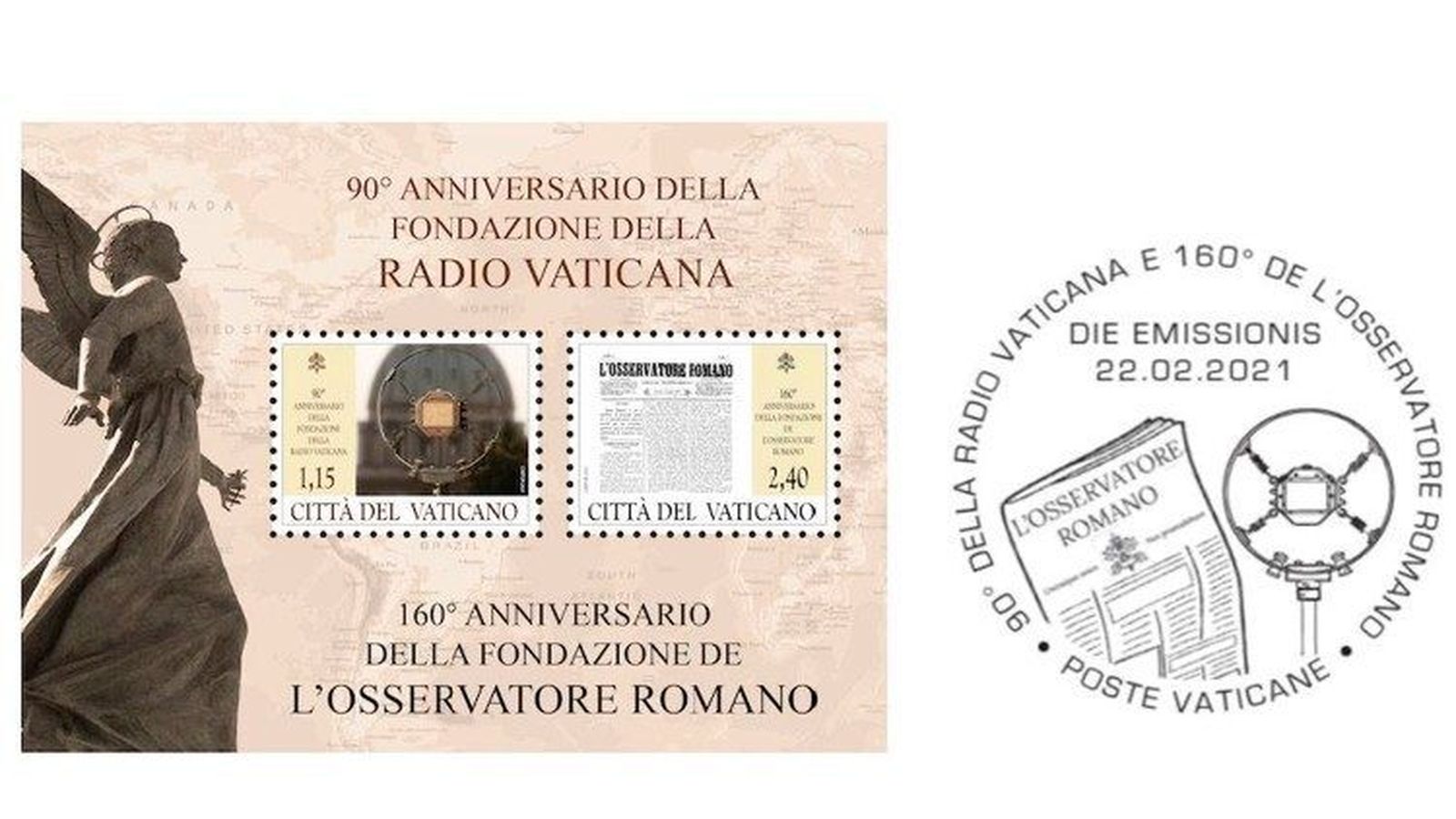 Hoja y timbre especial del 90º aniversario de la fundación de Radio Vaticano y del 160º aniversario de la fundación de LOsservatore Romano