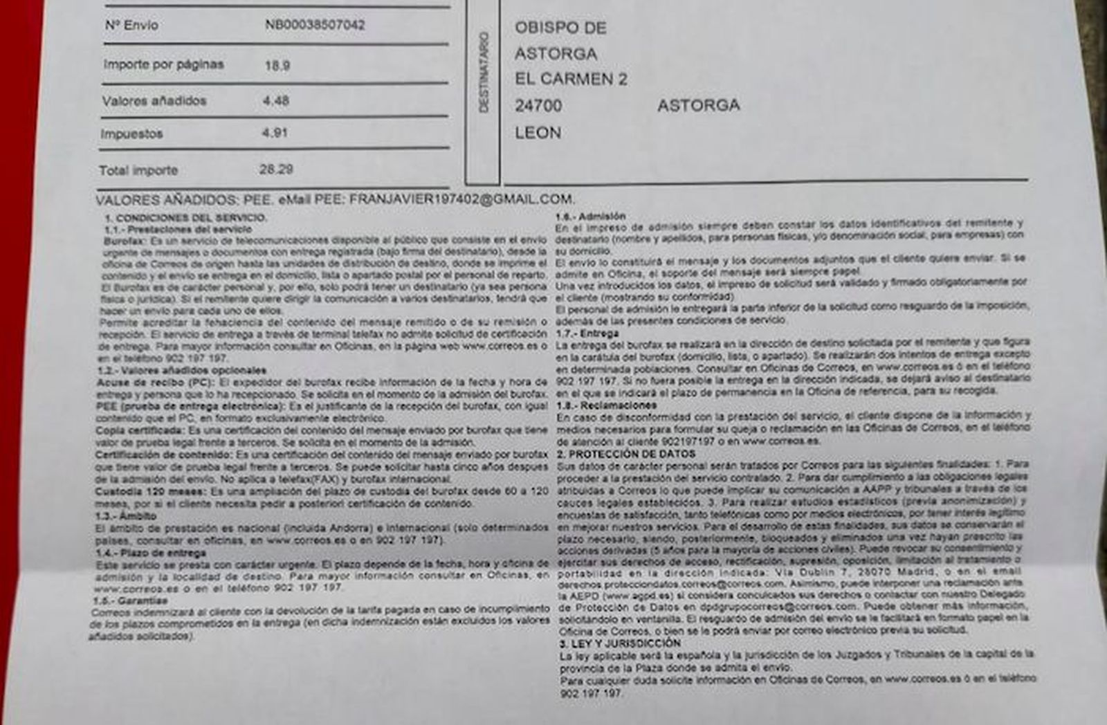 Burofax enviado por Javier tras la 'reunión'