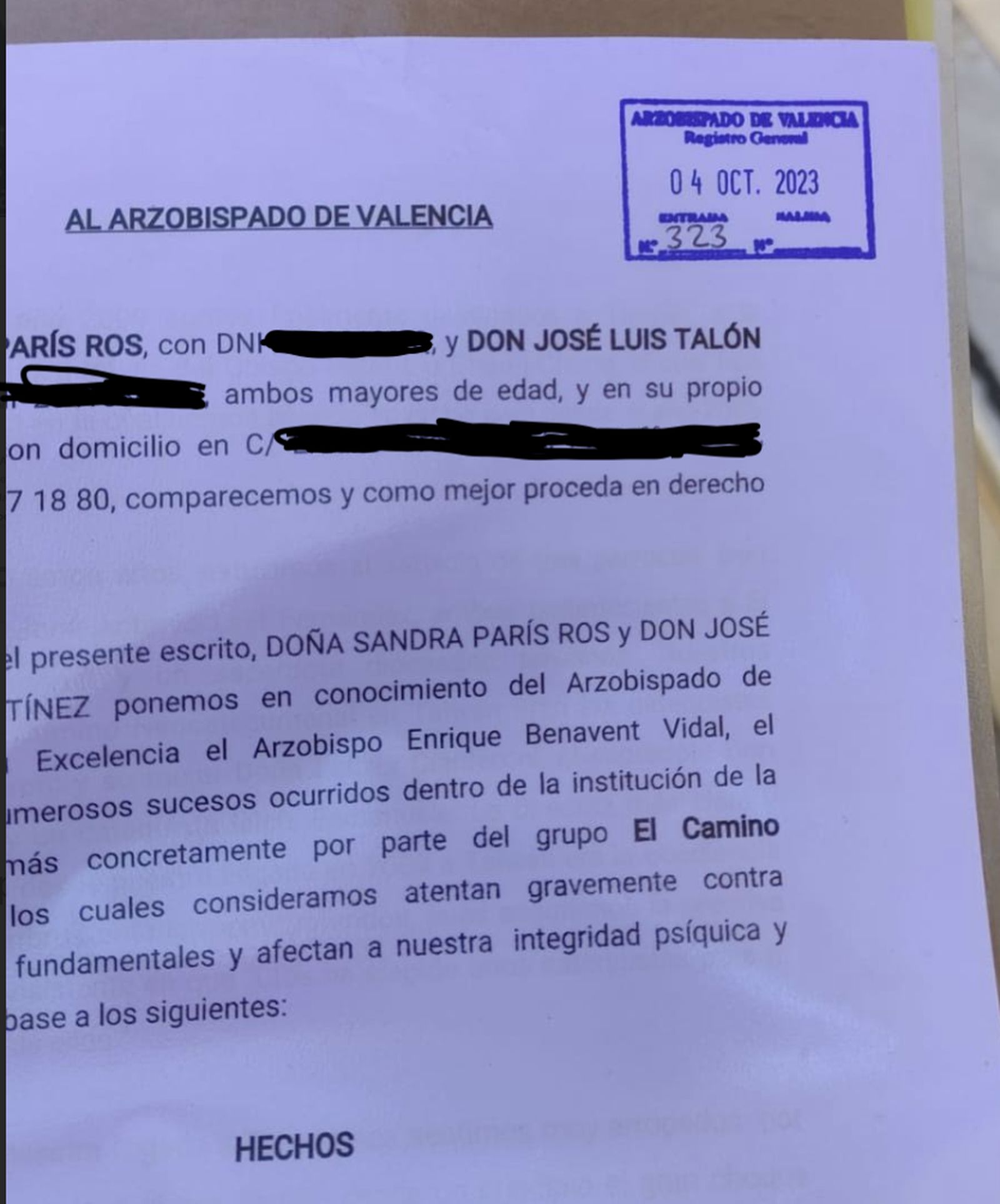 Denuncia al arzobispado de Valencia