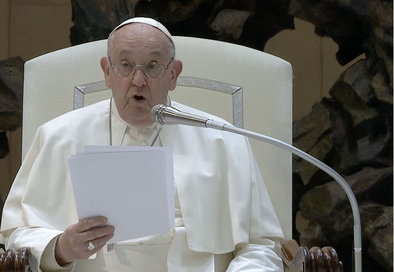 Francisco, durante la audiencia, donde leyó la catequesis y los saludos