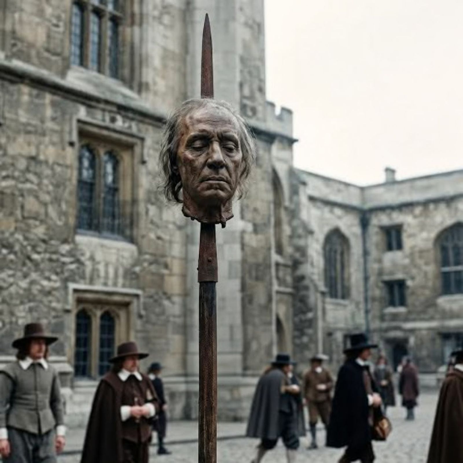 La cabeza de Oliver Cromwell expuesta en una pica de seis metros