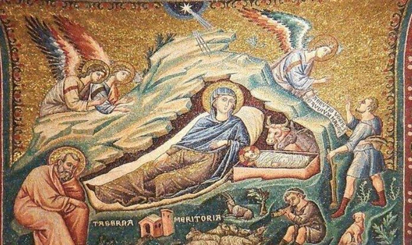 María tumbada y José meditativo en la imagen de la Natividad en un mosaico bizantino