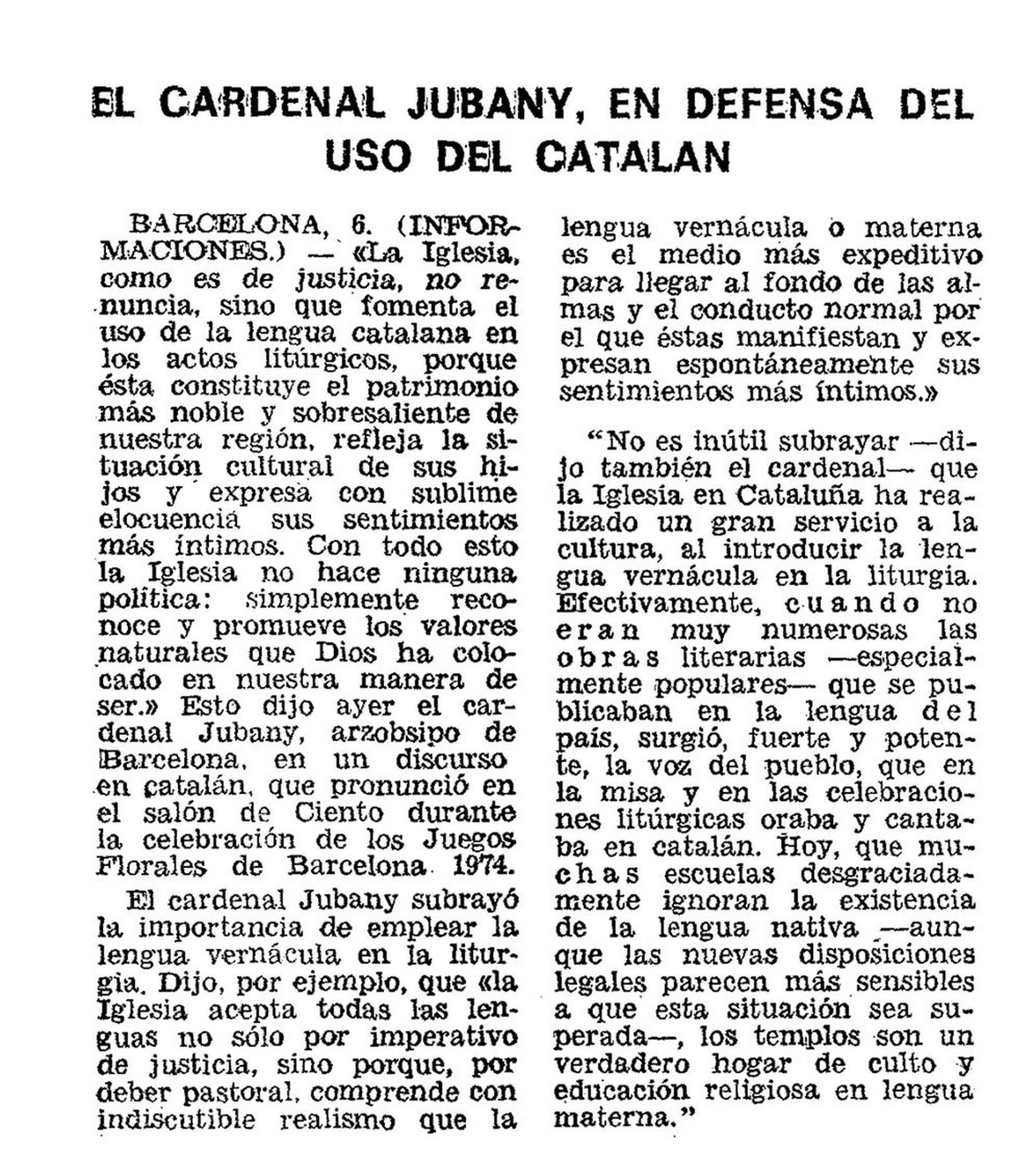 Crínica del cardenal Juvany en defensa del catalán