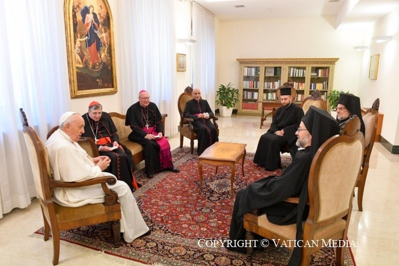 Francisco y Koch, con la delegación del patriarcado de Constantinopla