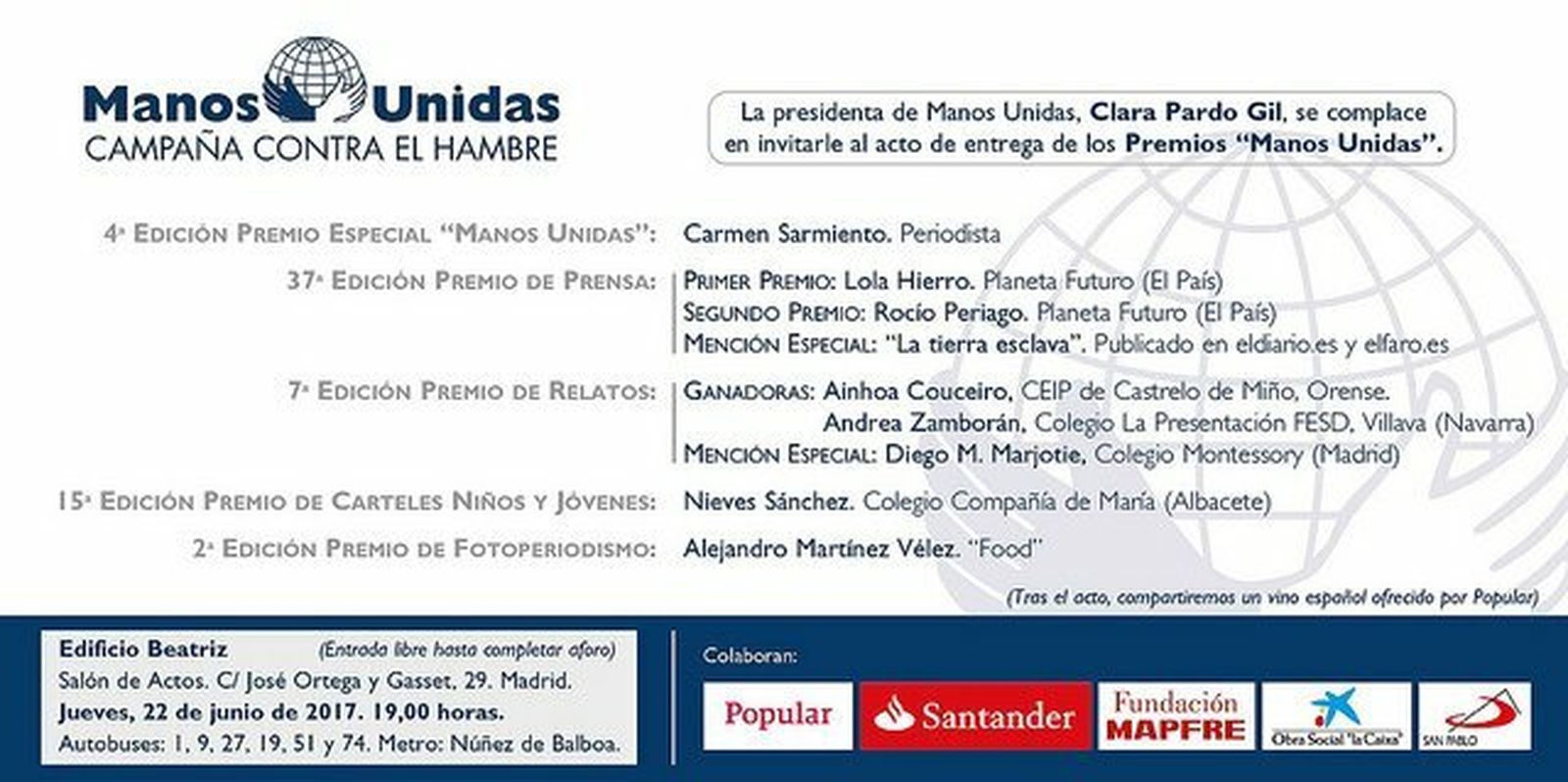 Invitación a la entrega de los Premios Manos Unidas