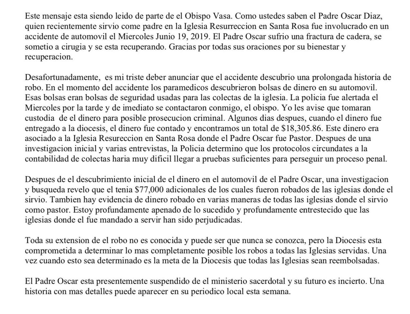 Comunicado diócesis de Santa Rosa