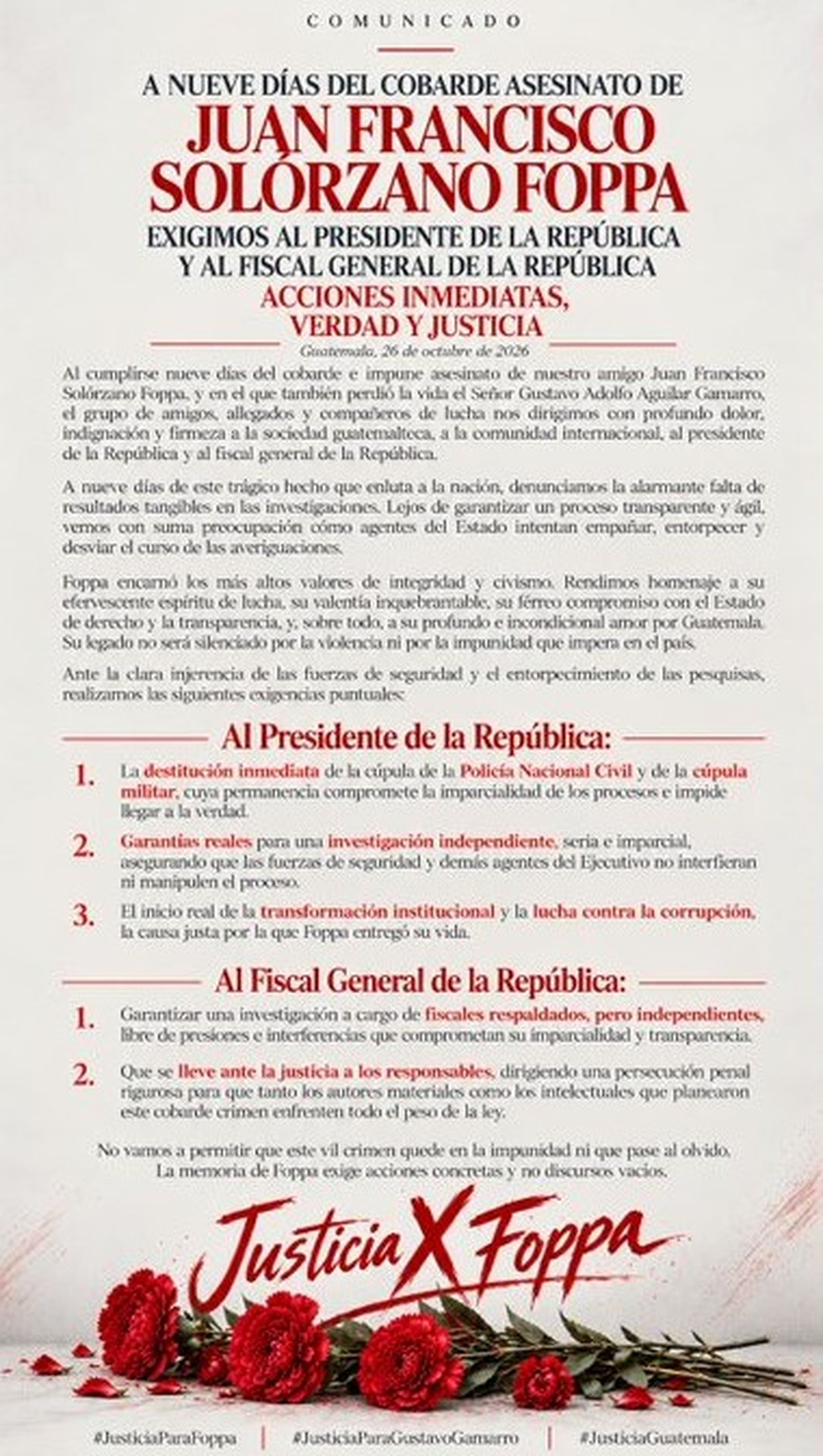 Comunicado de los amigos, allegados y compañeros de lucha de Juan Francisco Solórzano Foppa.