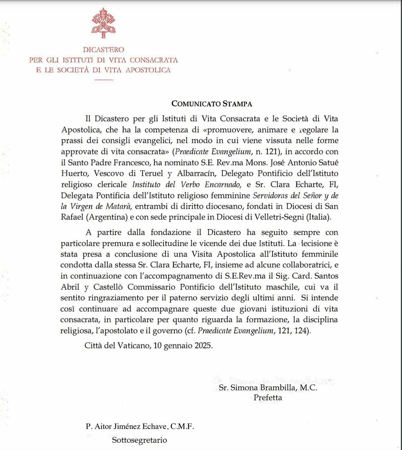 Comunicado del Dicasterio