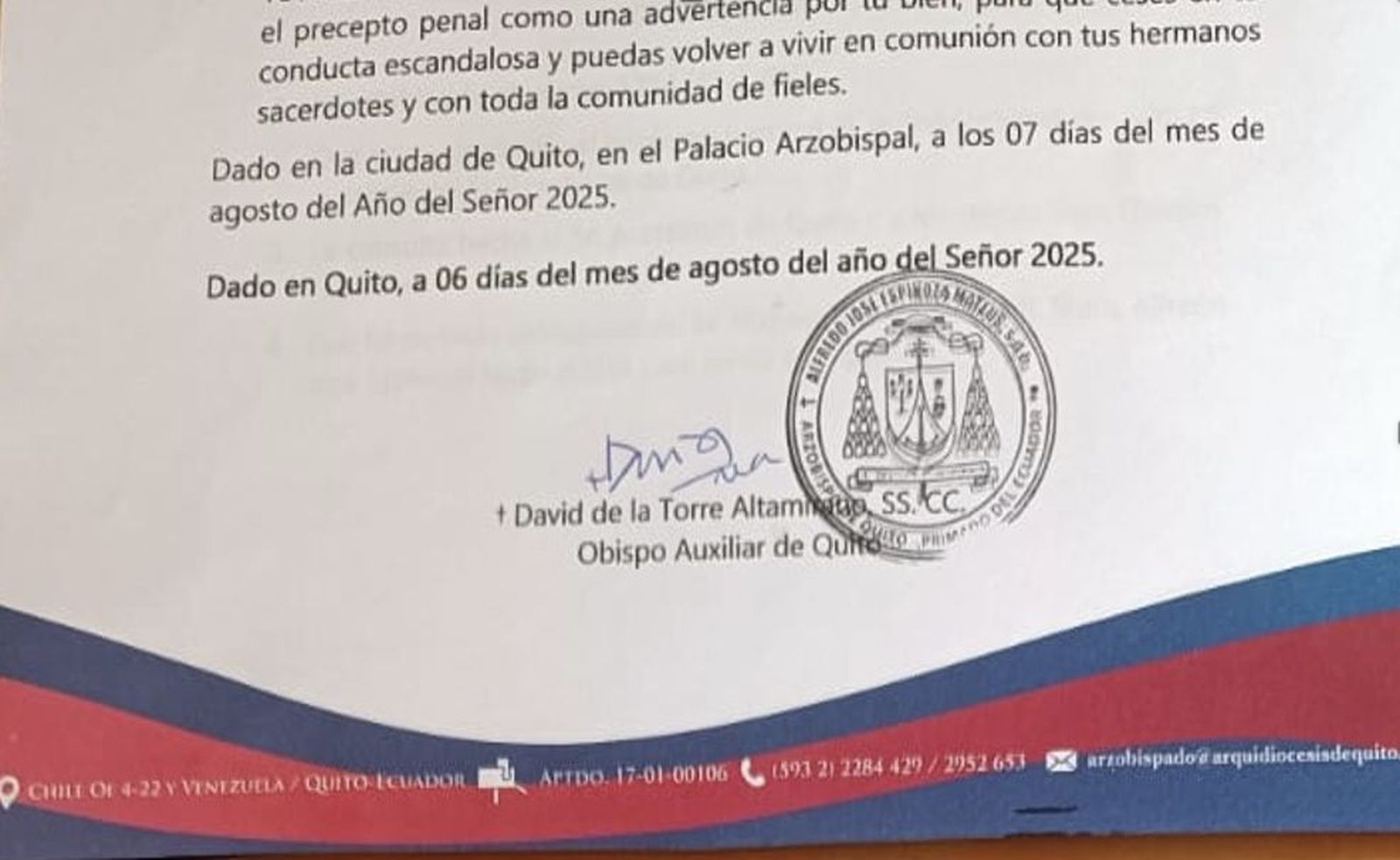 Comunicado arquidiócesis de Quito