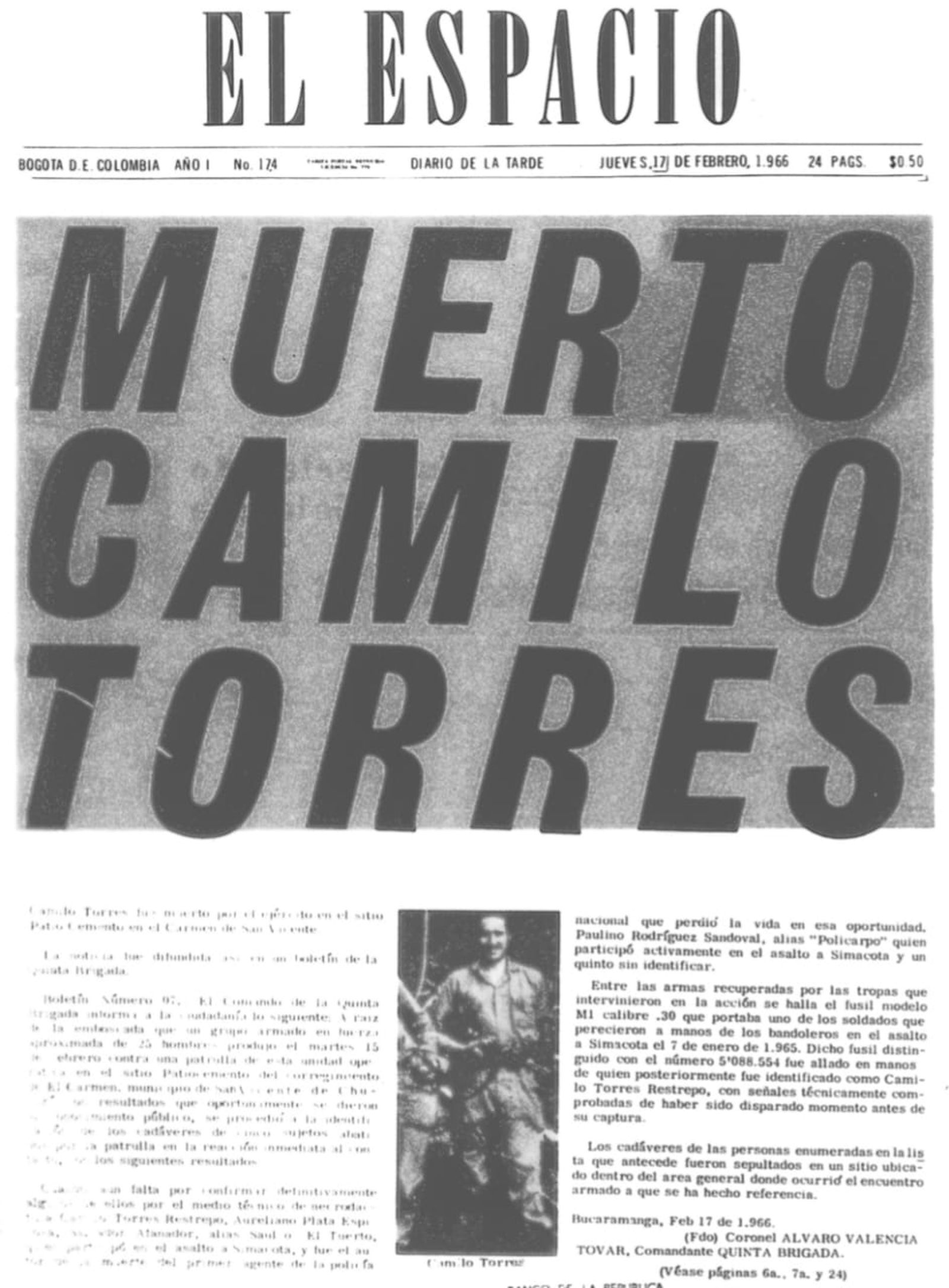 primera pagina El Espacio 17 de febrero de 1966