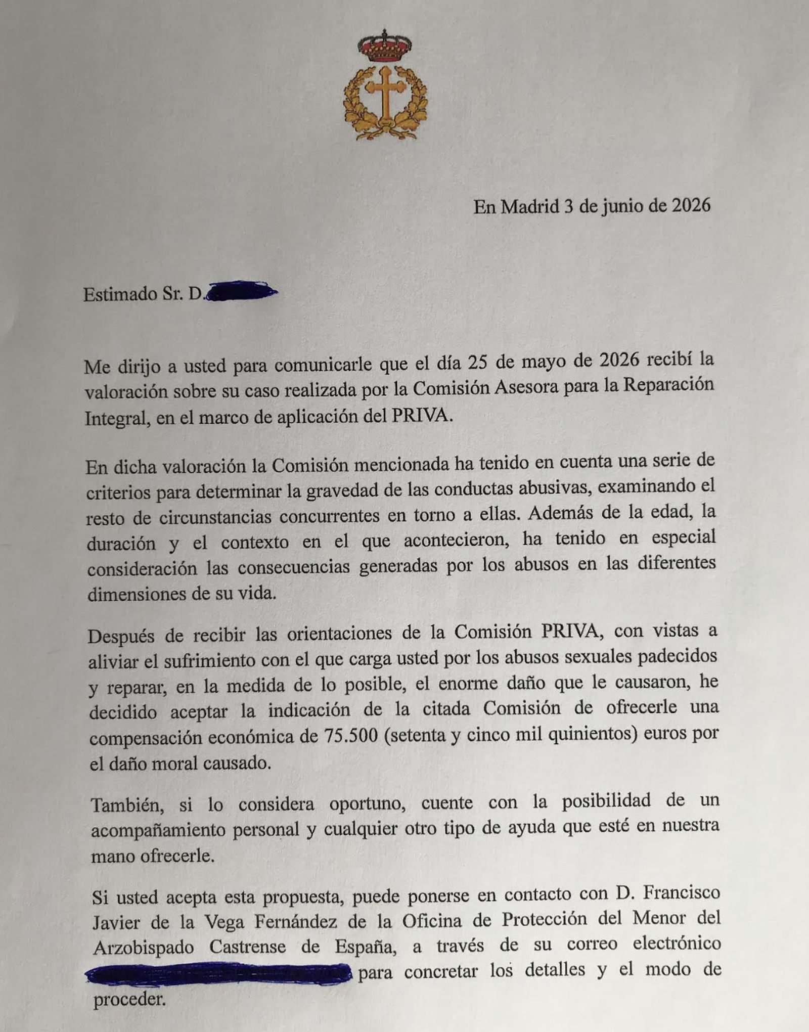 Carta del arzobispo castrense